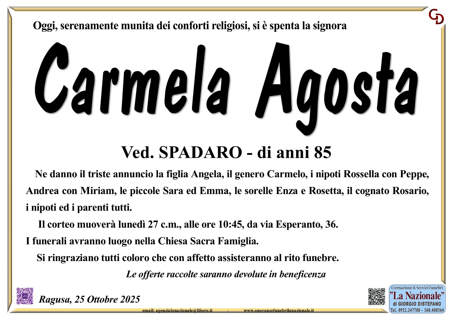 Necrologi: Carmela Agosta