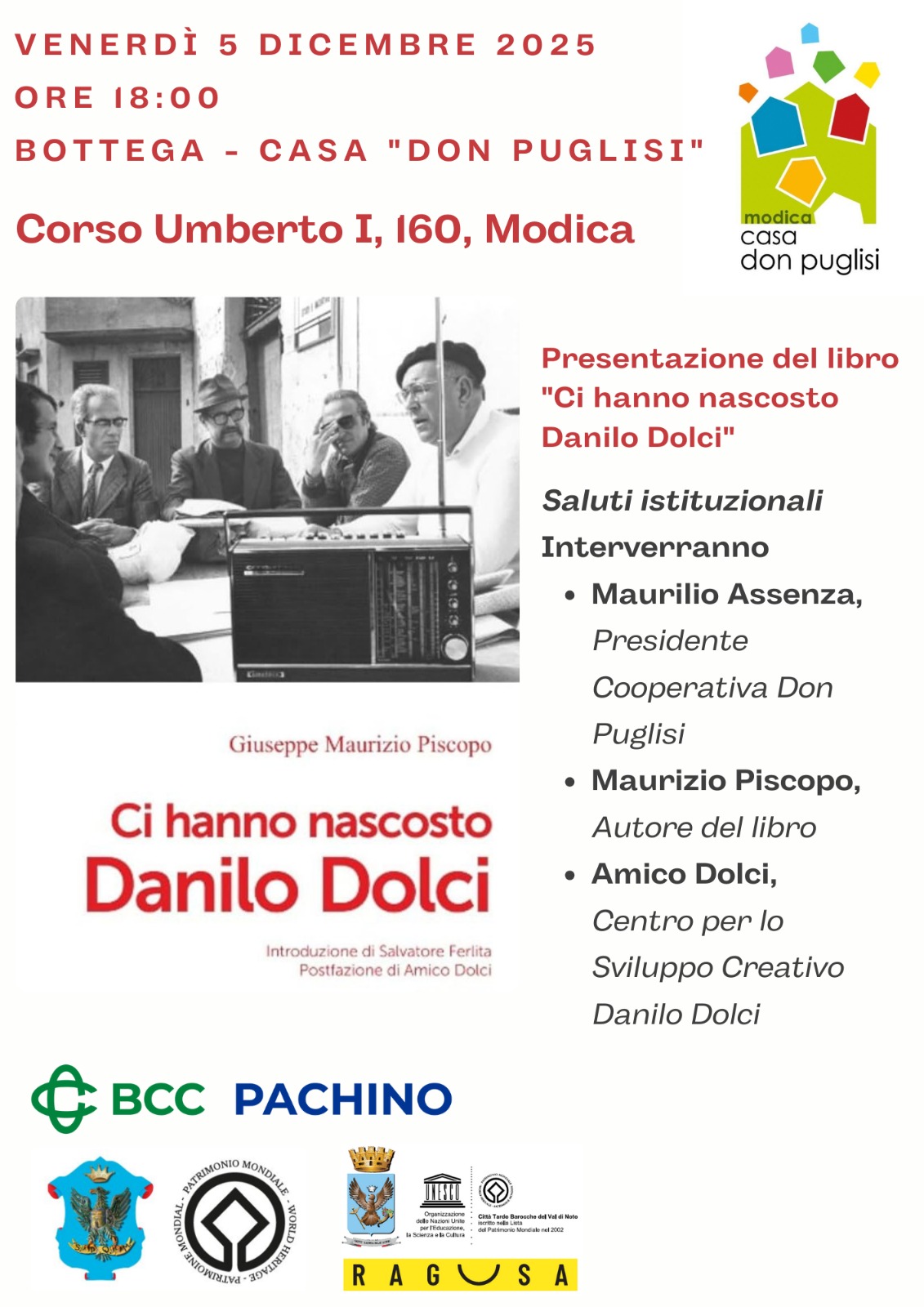 Modica celebra l’eredità di Danilo Dolci con la presentazione del libro di Giuseppe Maurizio Piscopo