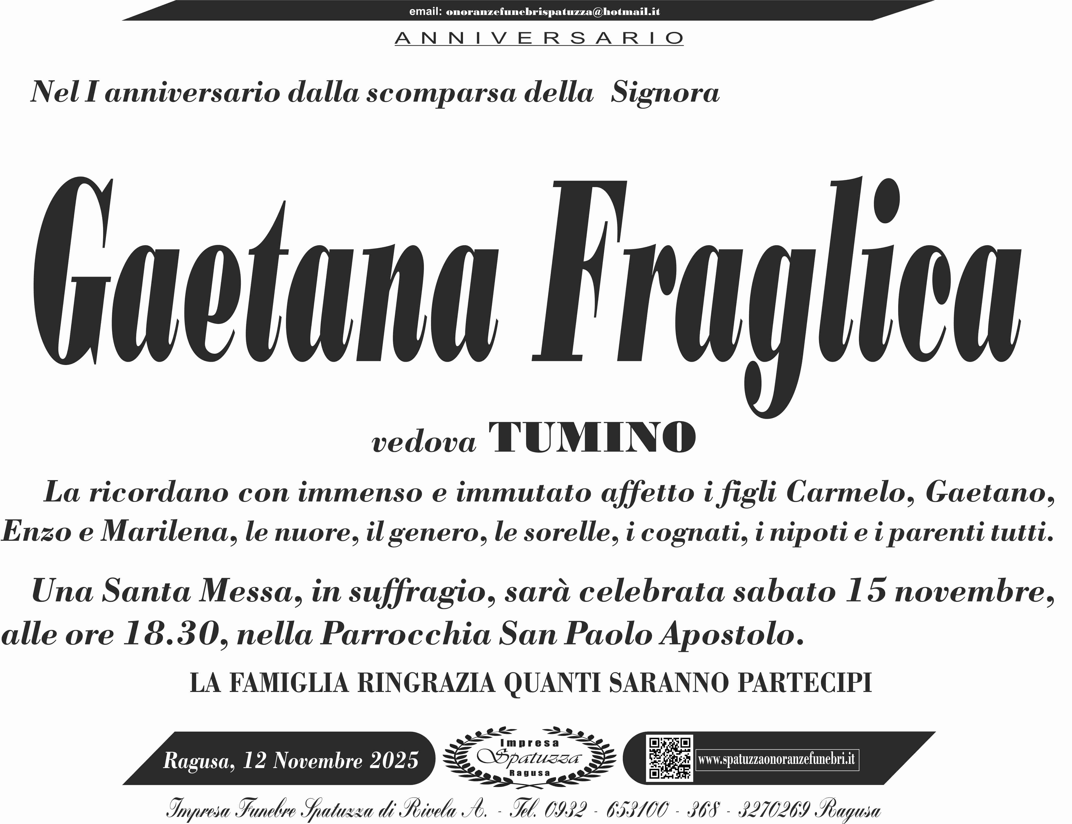 Necrologi: E’ deceduta Gaetana Fraglica