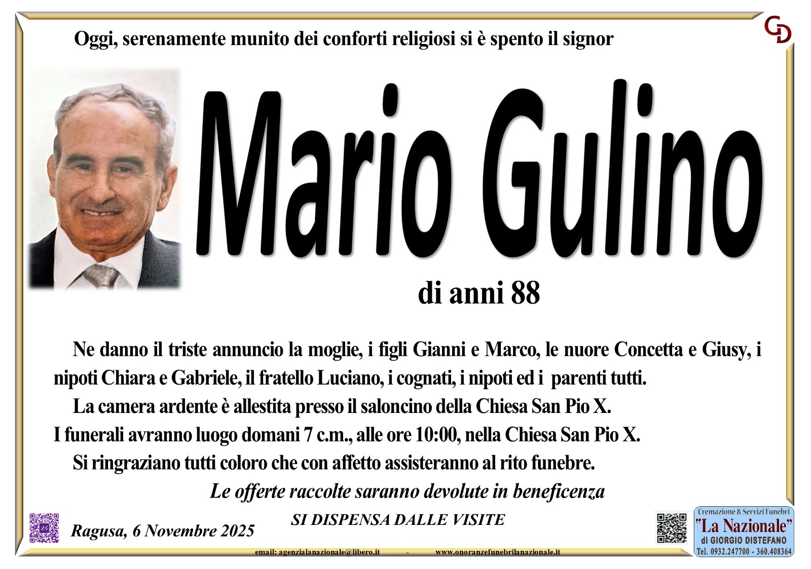 Necrologi: E’ deceduto Mario Gulino