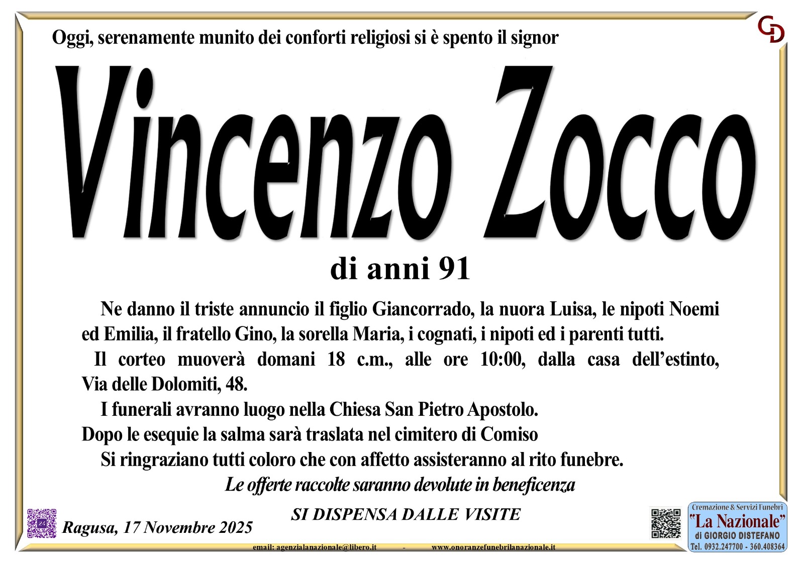 Necrologi: Vincenzo Zocco