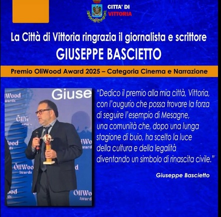 Vittoria accoglie Giuseppe Bascietto: il giornalista donerà alla sua città natale il premio ricevuto a Mesagne