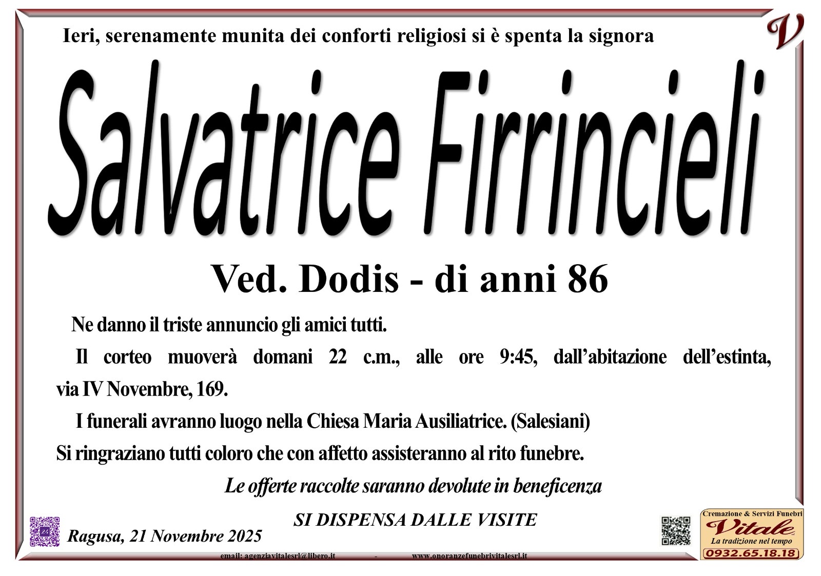 Necrologi: Salvatrice Firrincieli