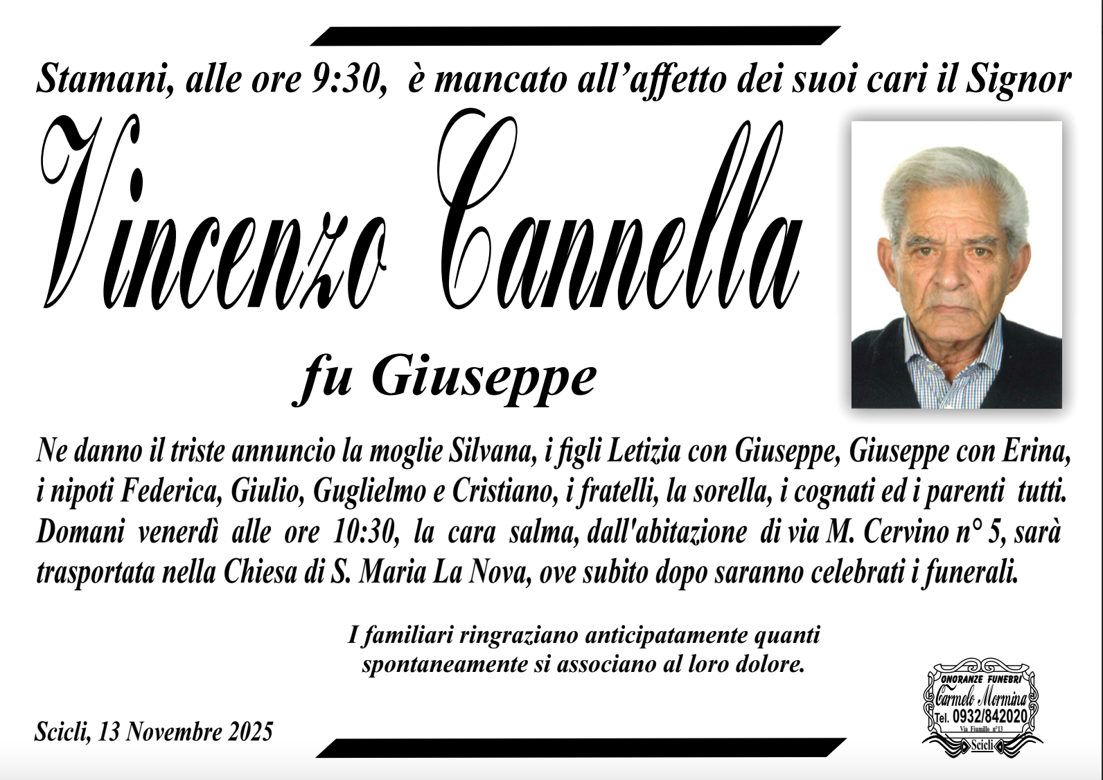 Necrologi: VIncenzo Cannella