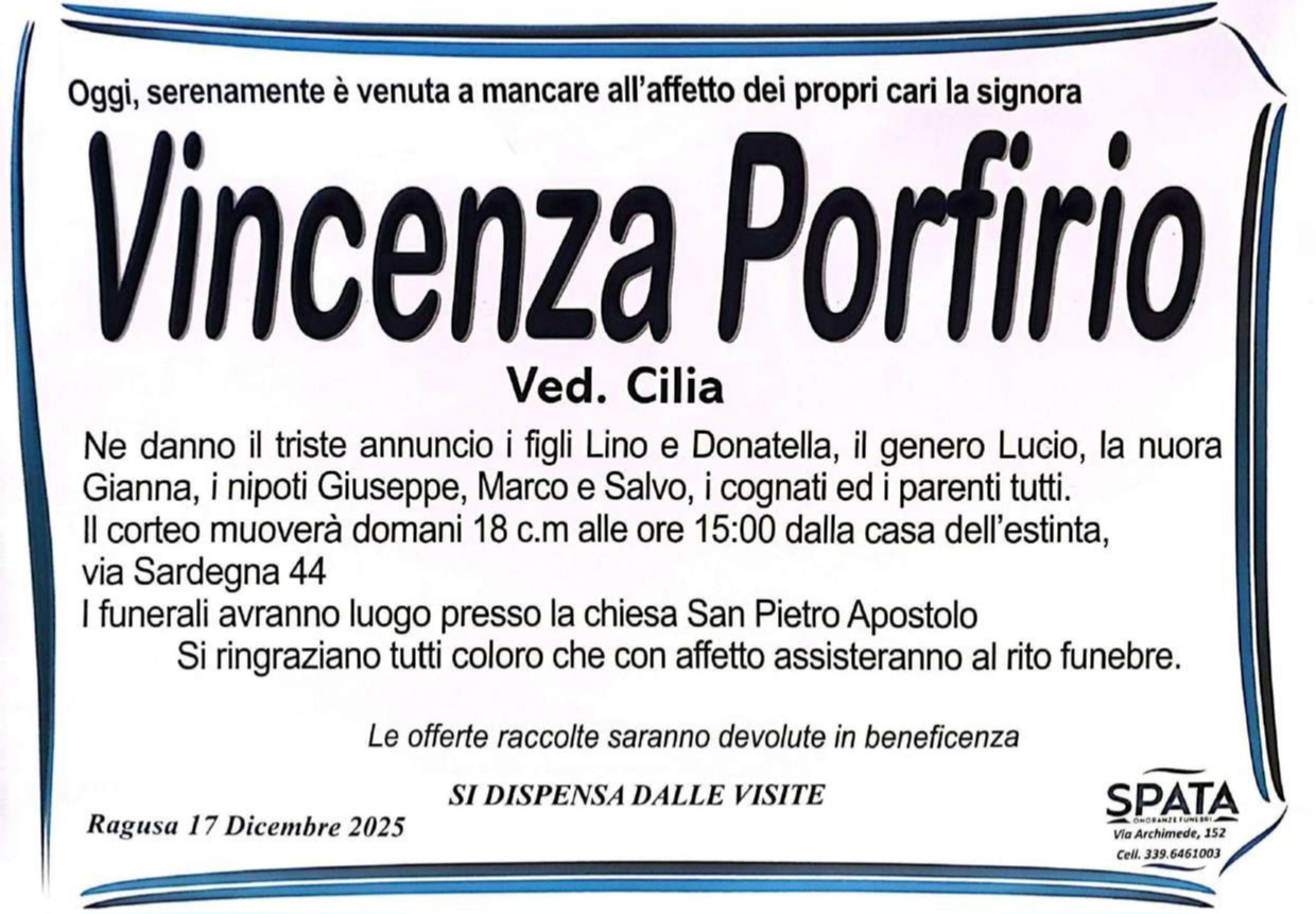 Necrologi: Vincenza Porfirio