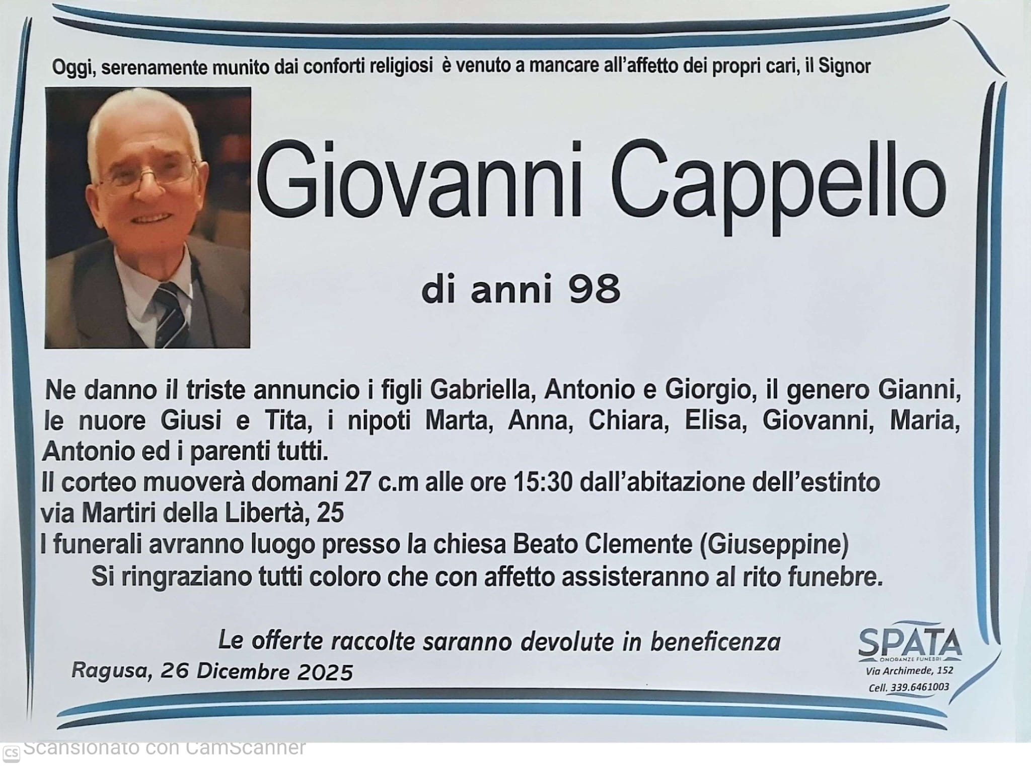 Necrologi: Giovanni Cappello