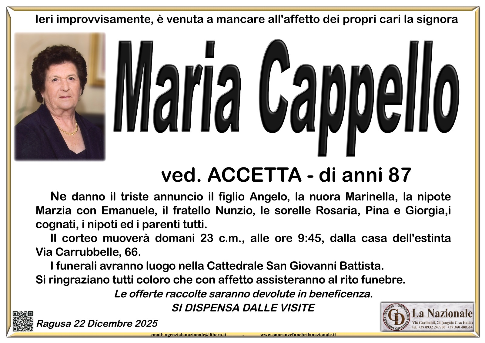Necrologi: Maria Cappello