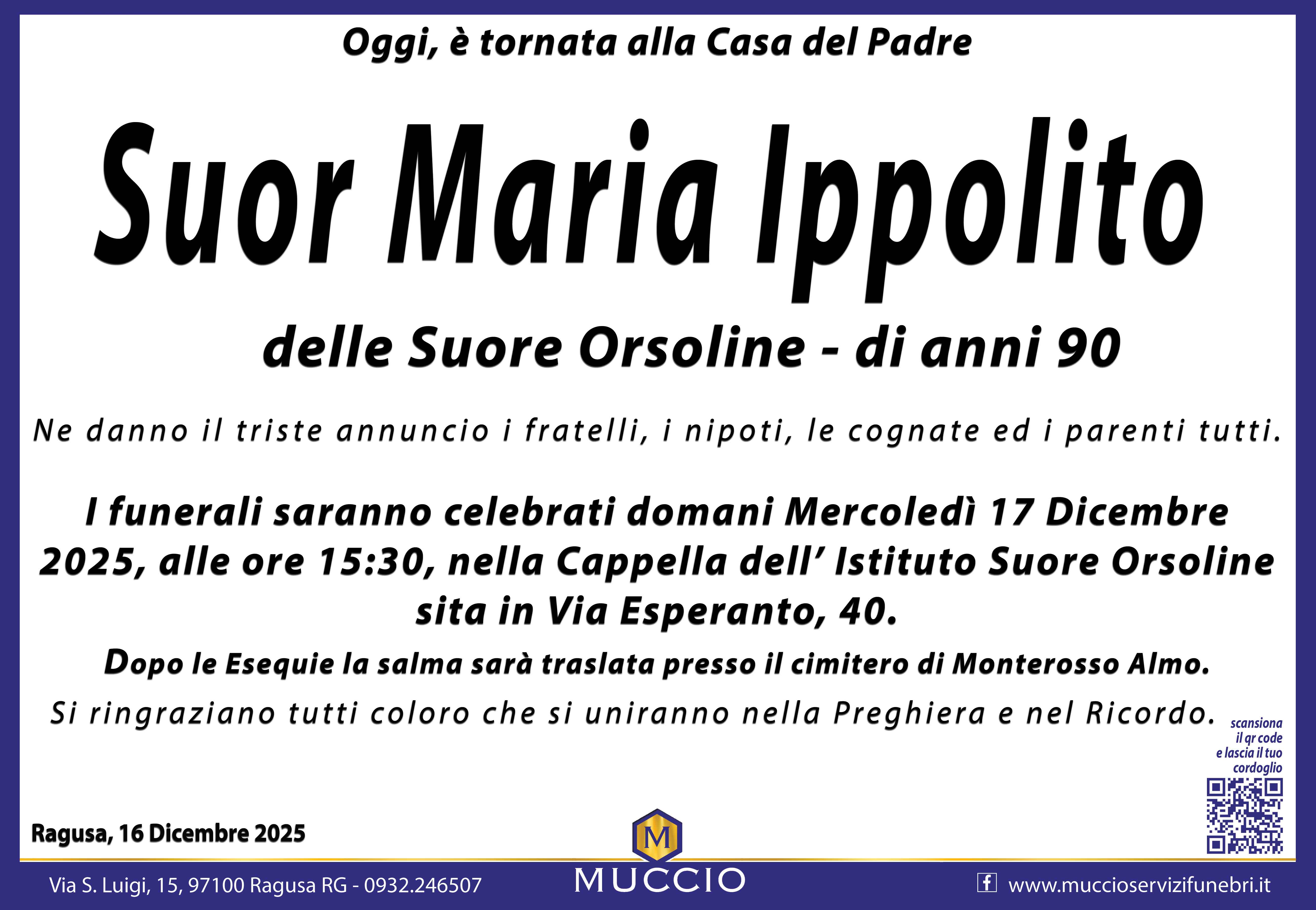 Necrologi: Suor Maria Ippolito
