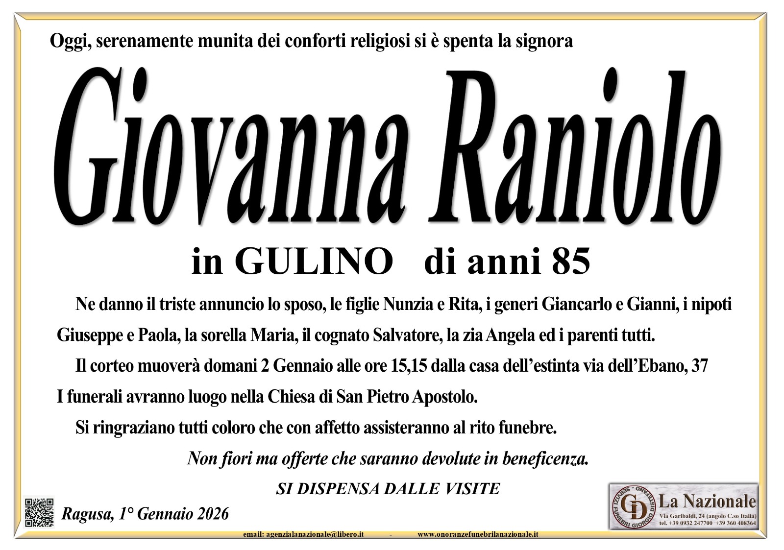 Necrologi: Giovanna Raniolo