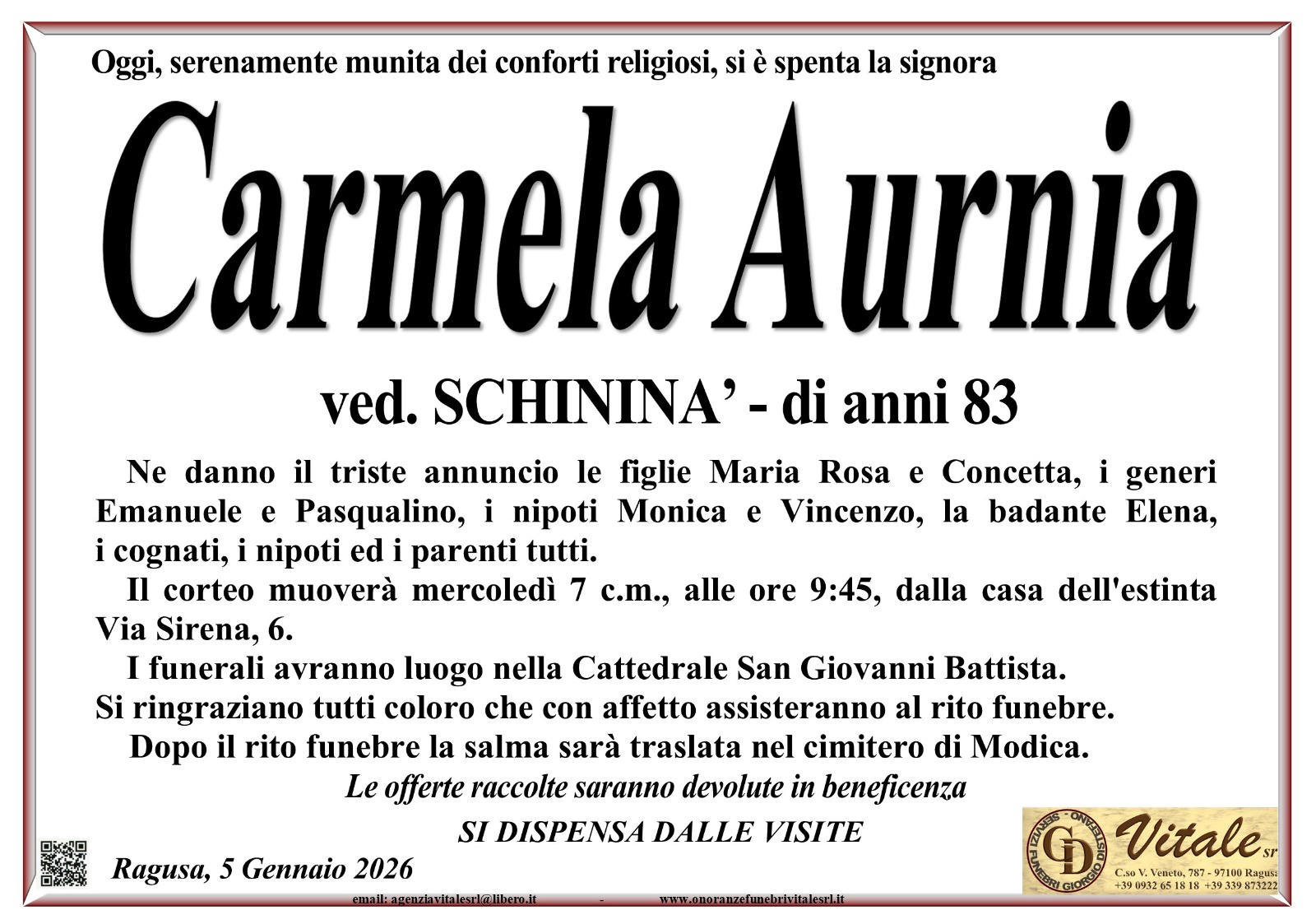 Necrologi: Carmela Aurnia