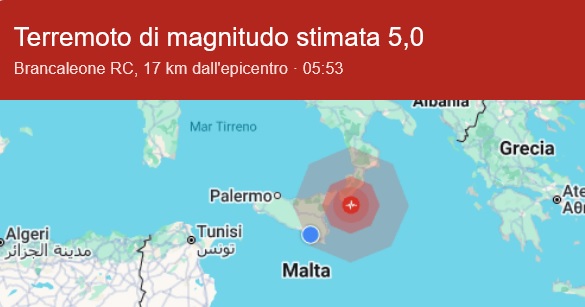 Terremoto nel sud Italia: l’epicentro in mare al largo della Calabria. La scossa sentita anche a Ragusa