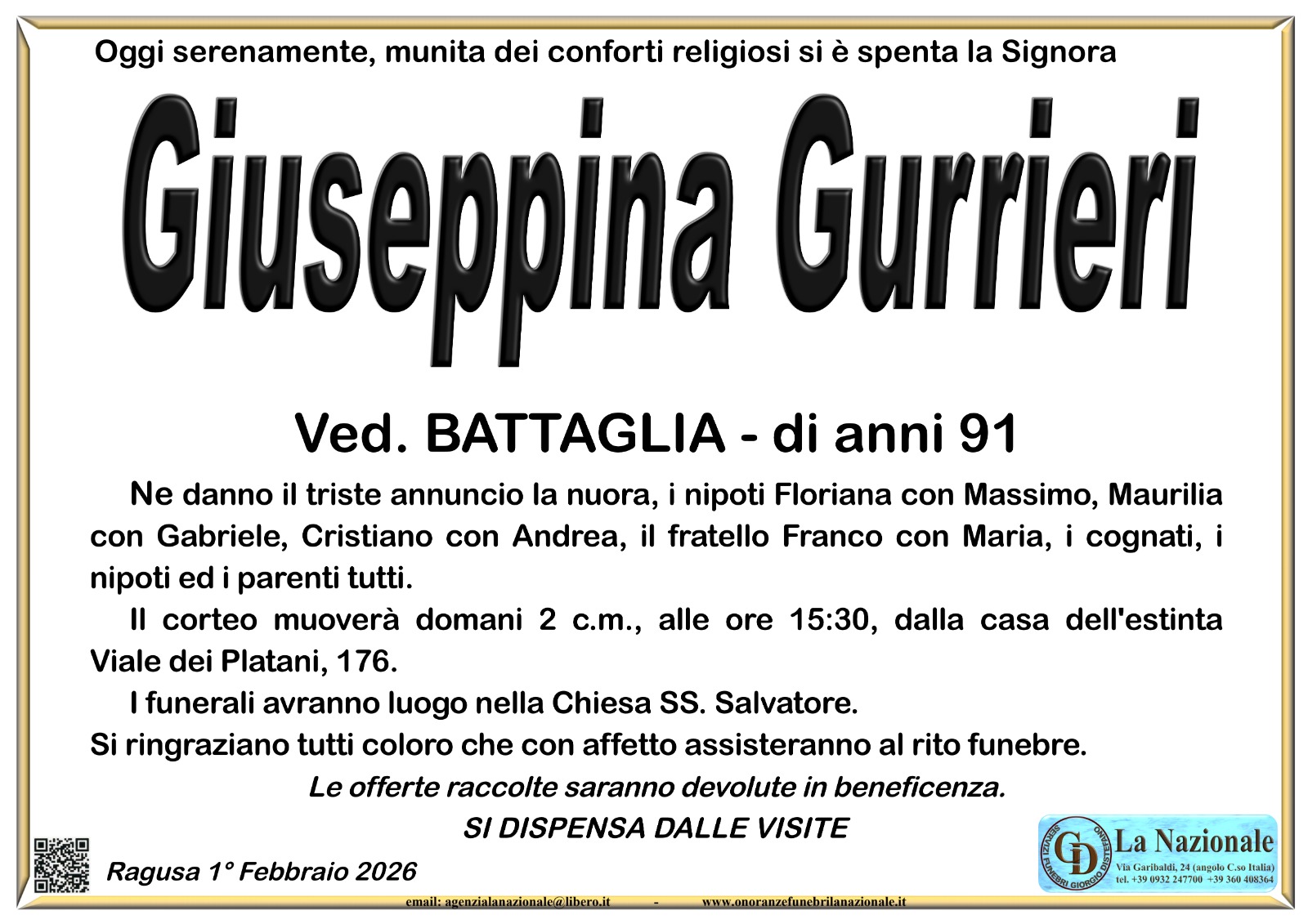 Necrologi: Giuseppina Gurrieri
