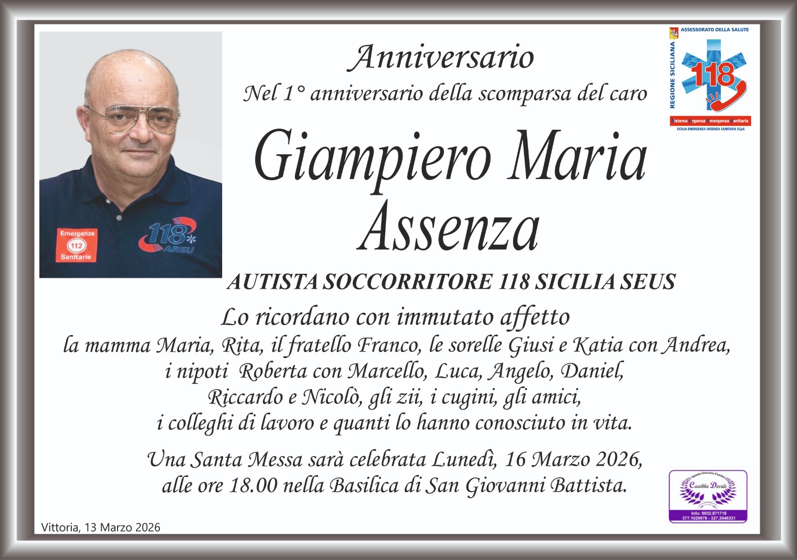 Anniversario: Giampiero Maria Assenza