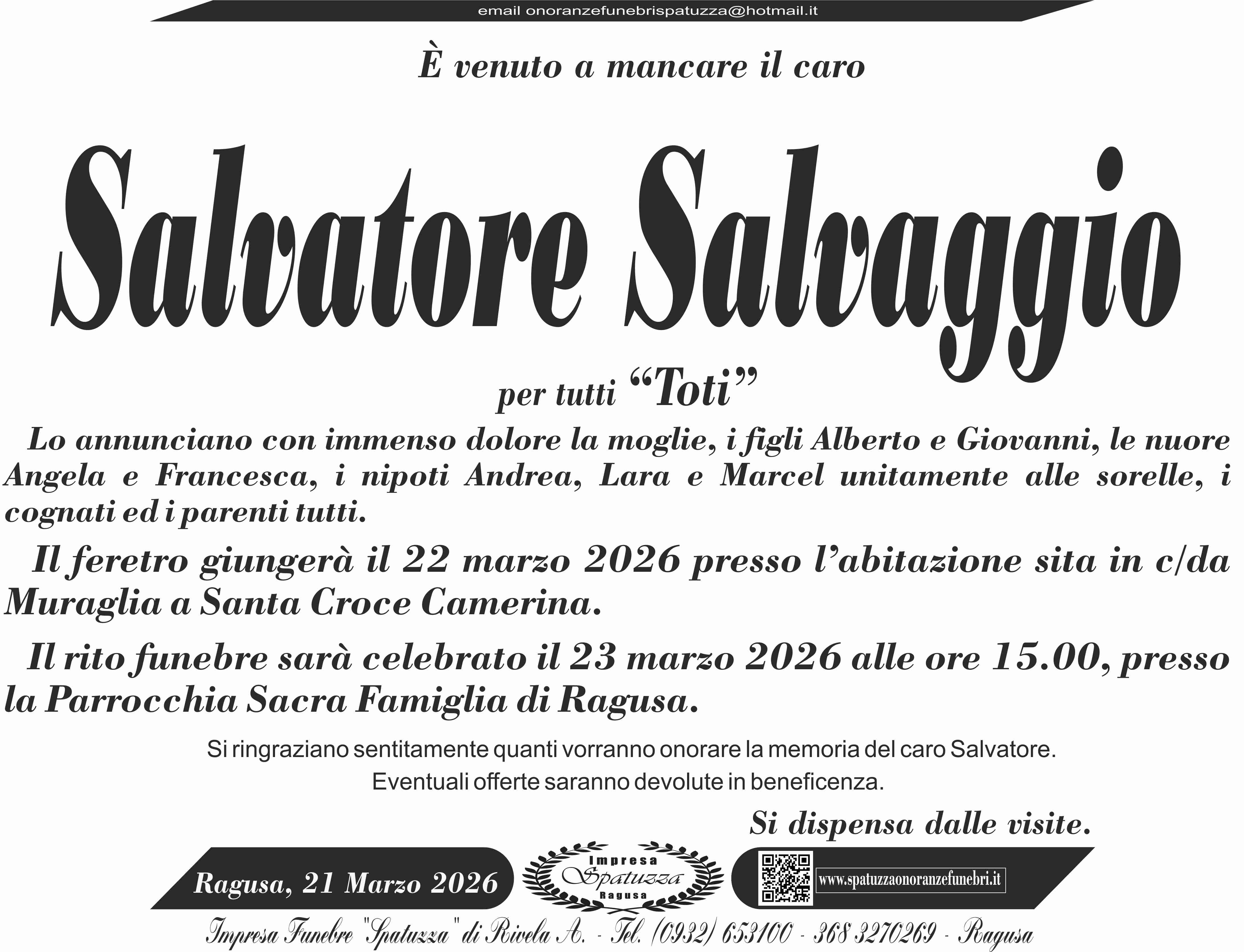 Necrologi: Salvatore Salvaggio