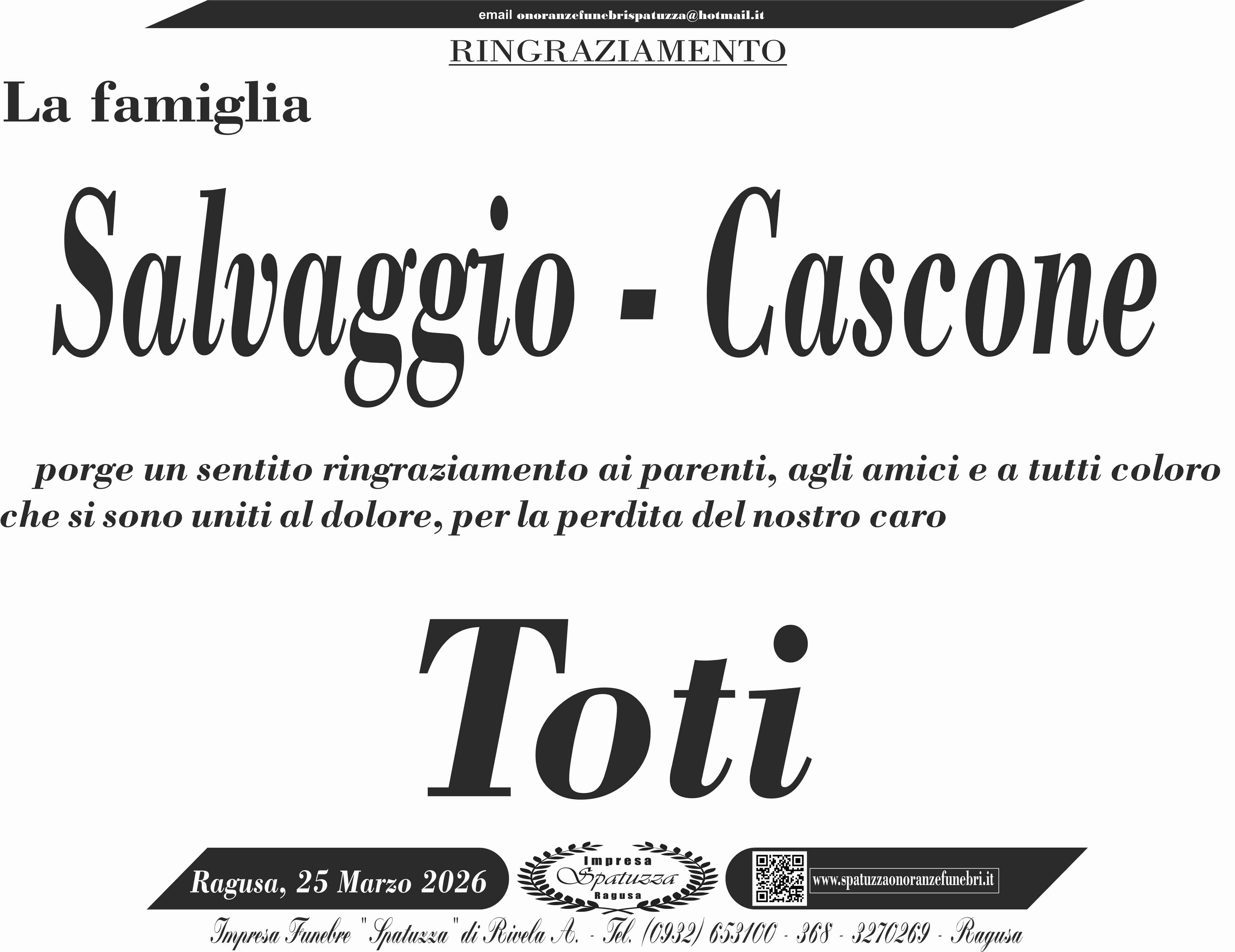 Ringraziamento: famiglia Salvaggio-Cascone