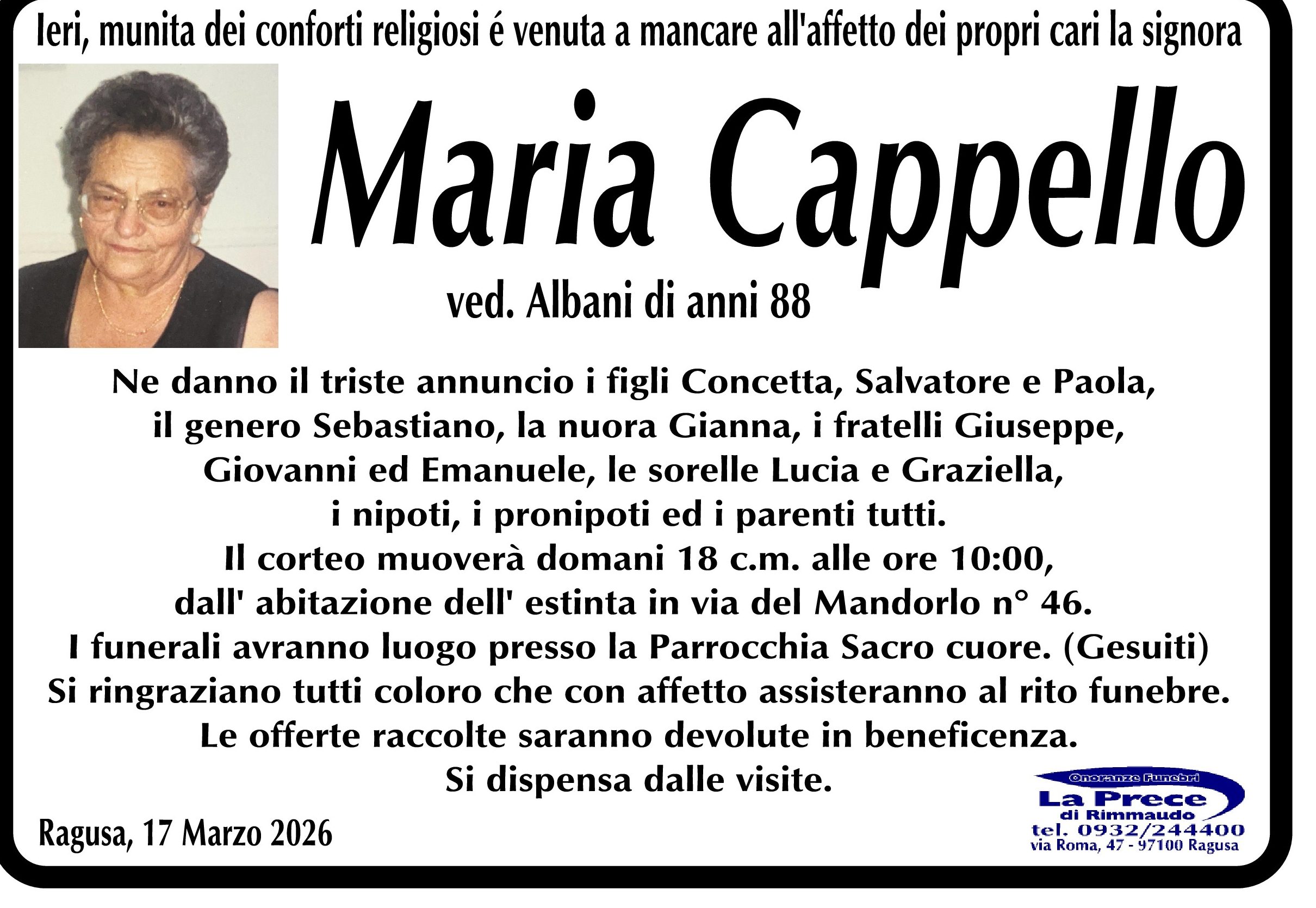 Necrologi: Maria Cappello
