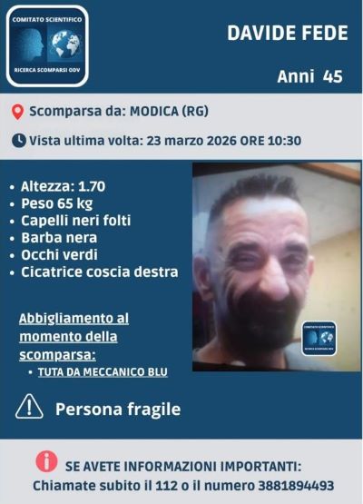 Scomparso dal 23 marzo a Modica Davide Fede: avviate le ricerche, si chiede la collaborazione dei cittadini
