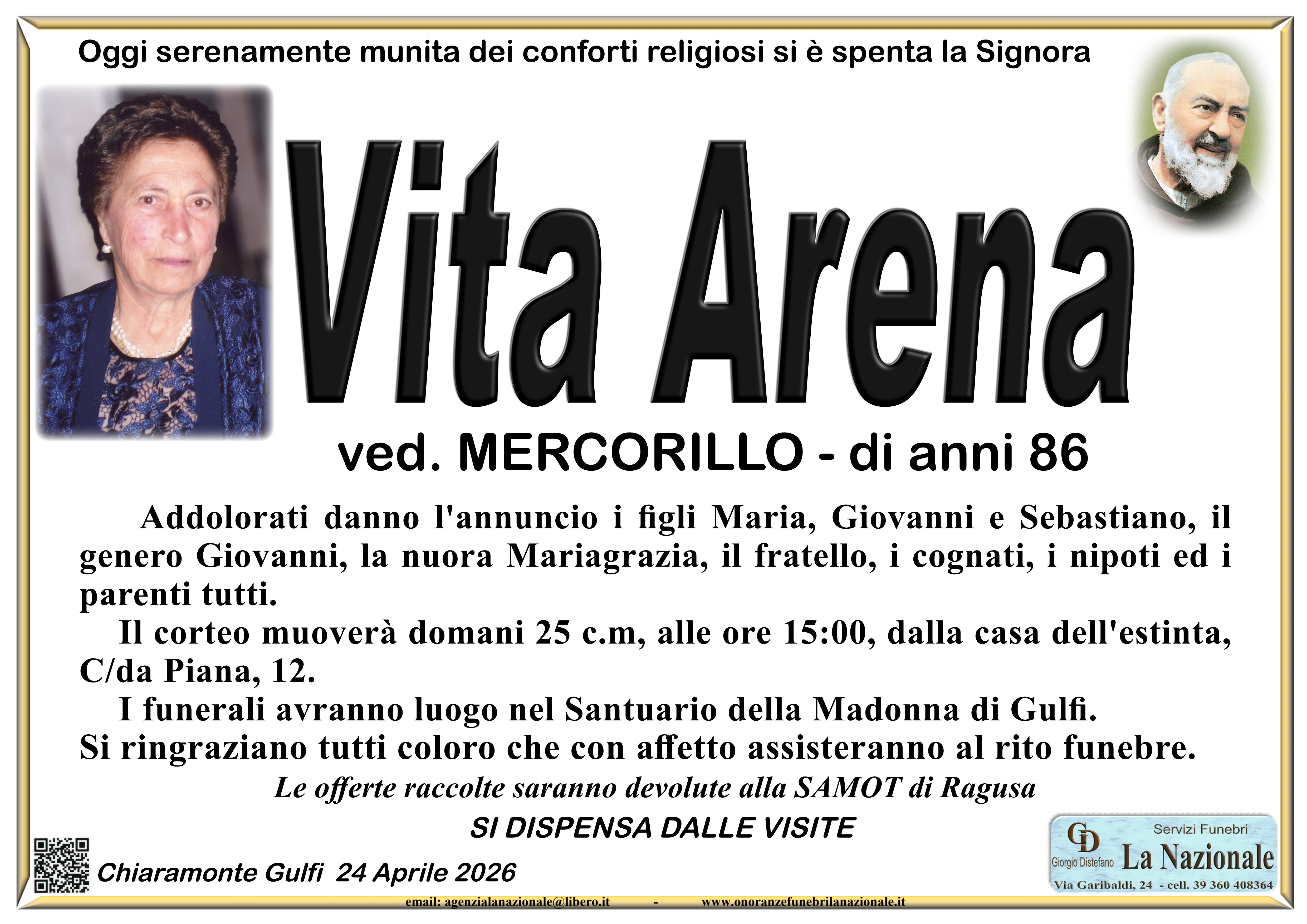Necrologi: E’ deceduta Vita Arena