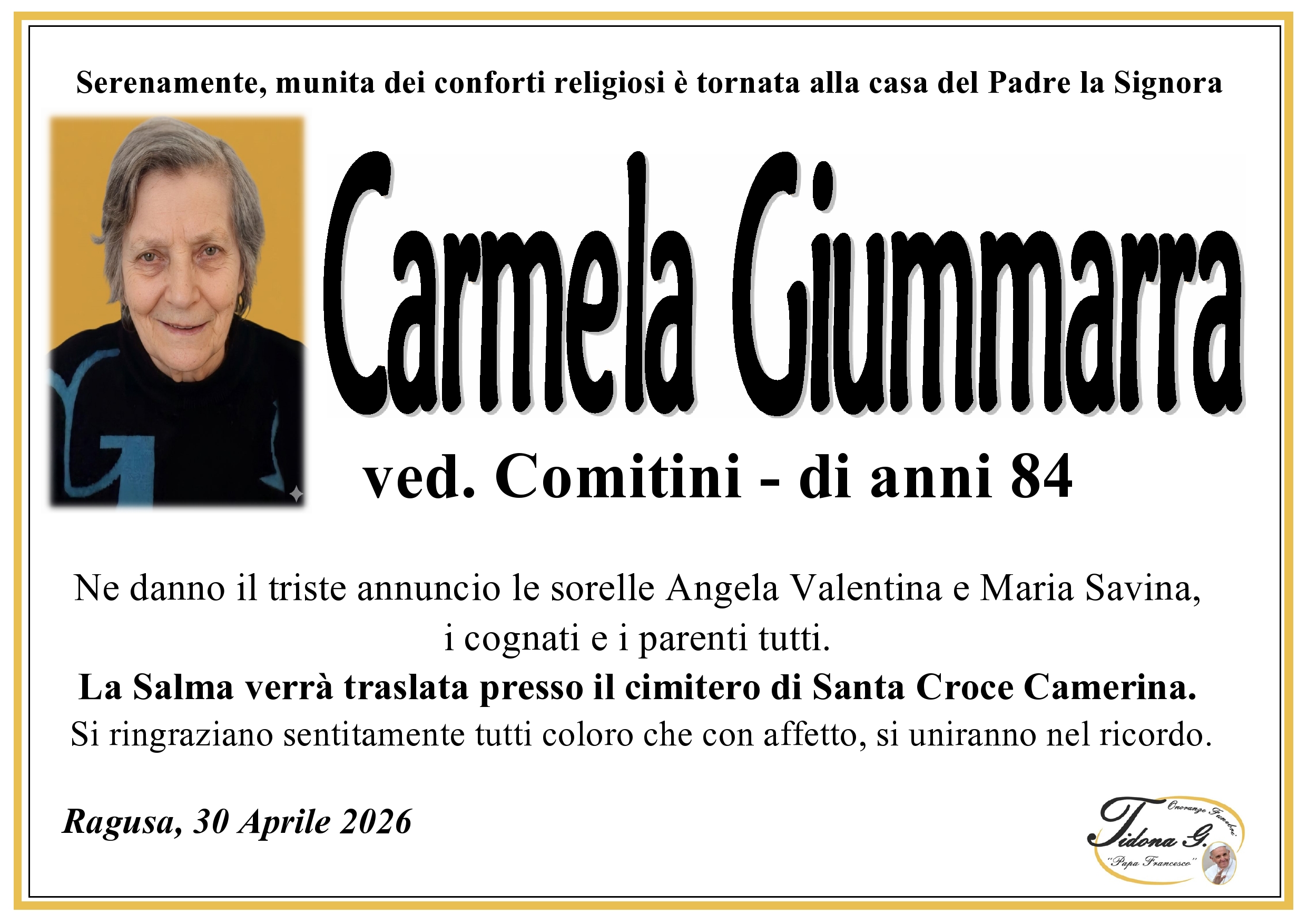 Necrologi: Carmela Giummarra