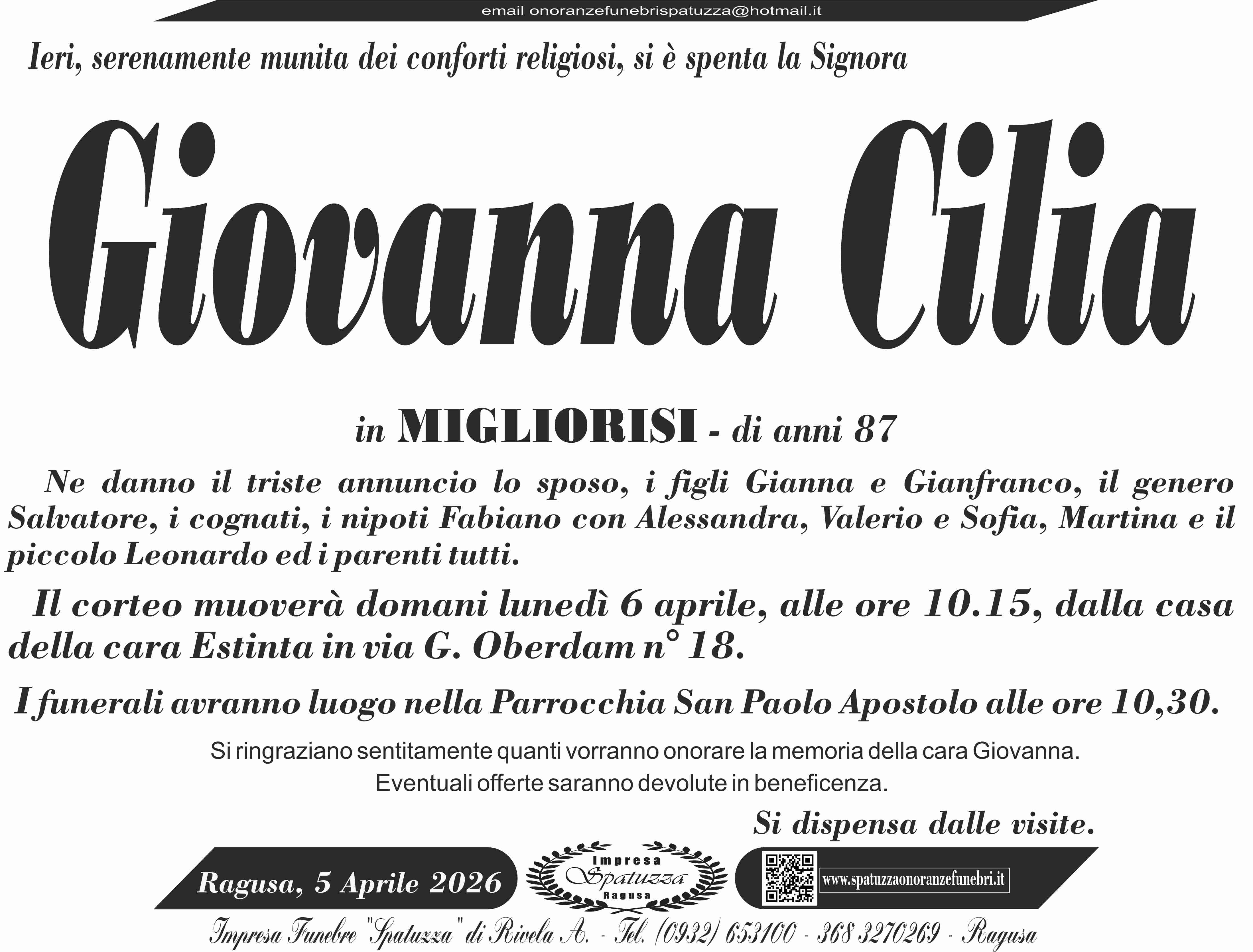 Necrologi: Giovanna Cilia