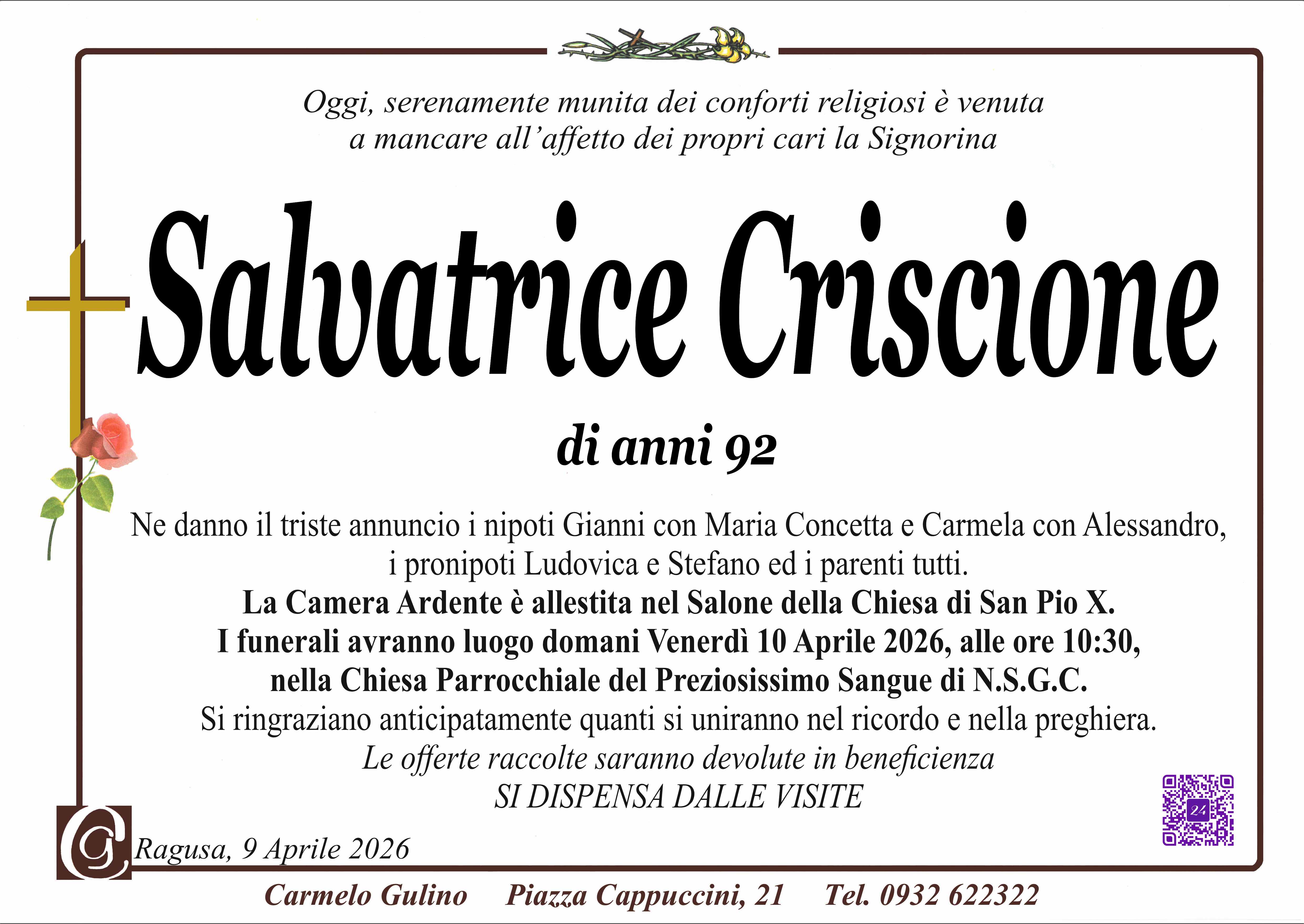 Necrologi: Salvatrice Criscione