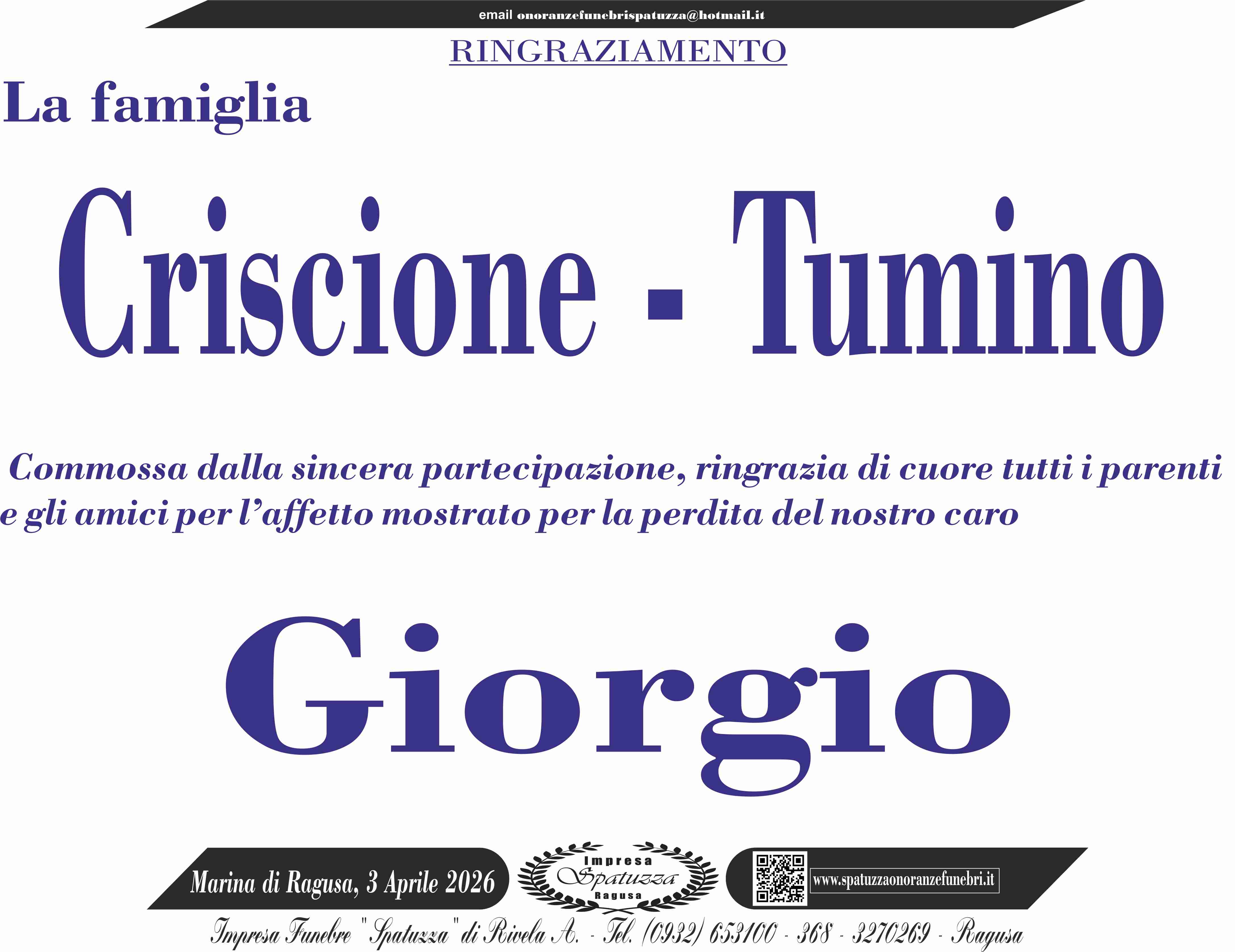 Ringraziamento: famiglia Criscione-Tumino