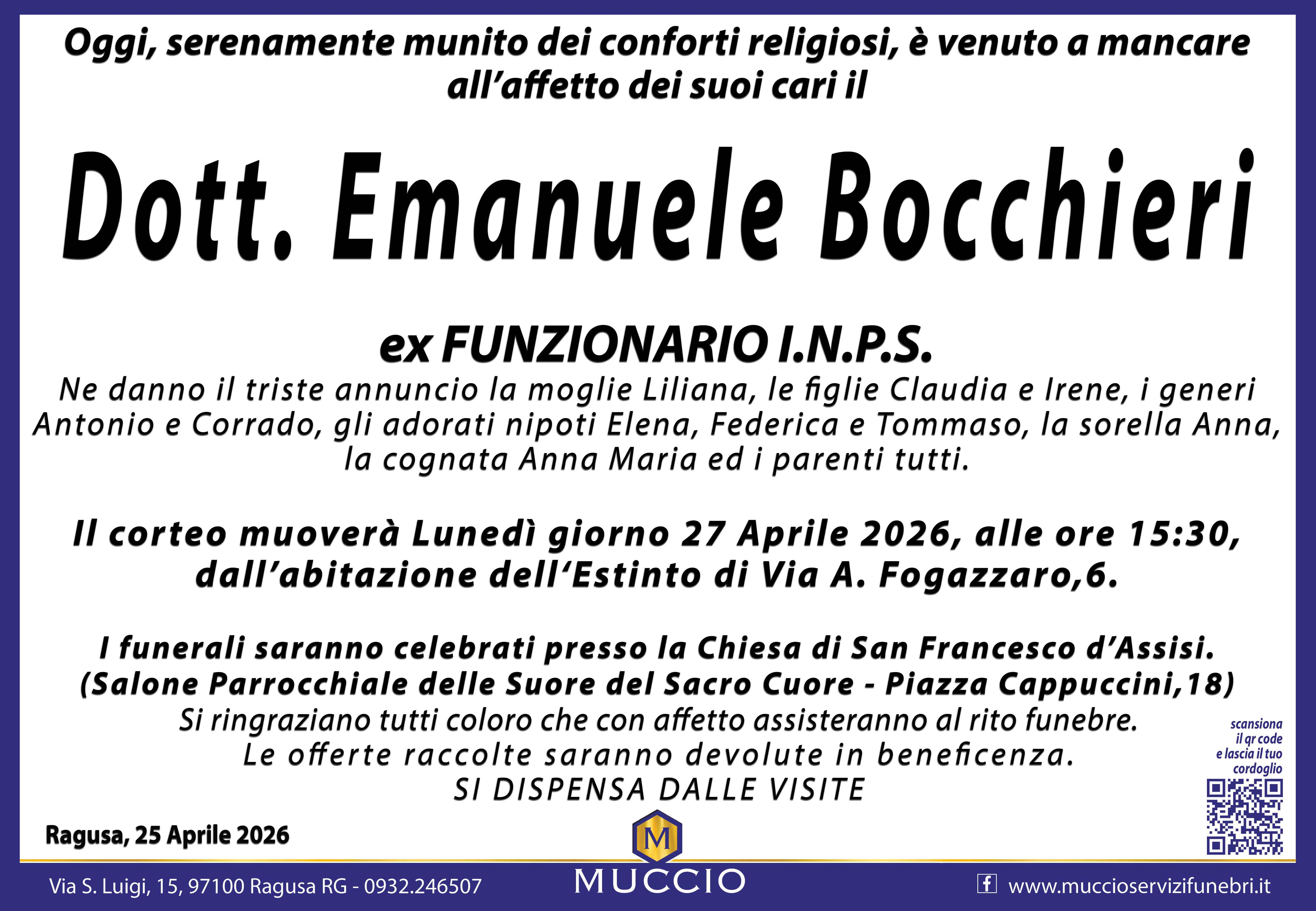 Necrologi: E’ deceduto Emanuele Bocchieri