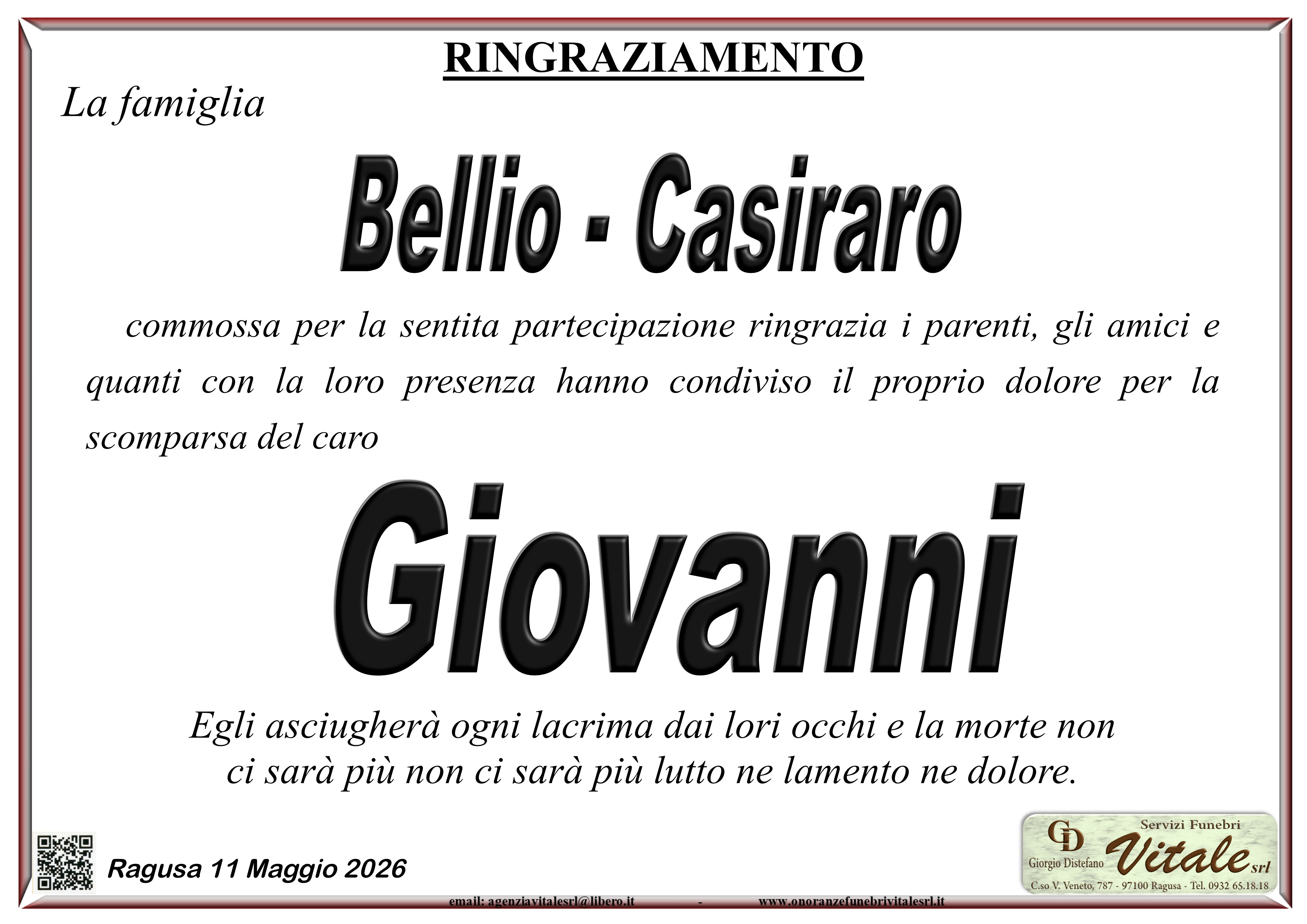 Ringraziamento: famiglia Bellio-Casiraro