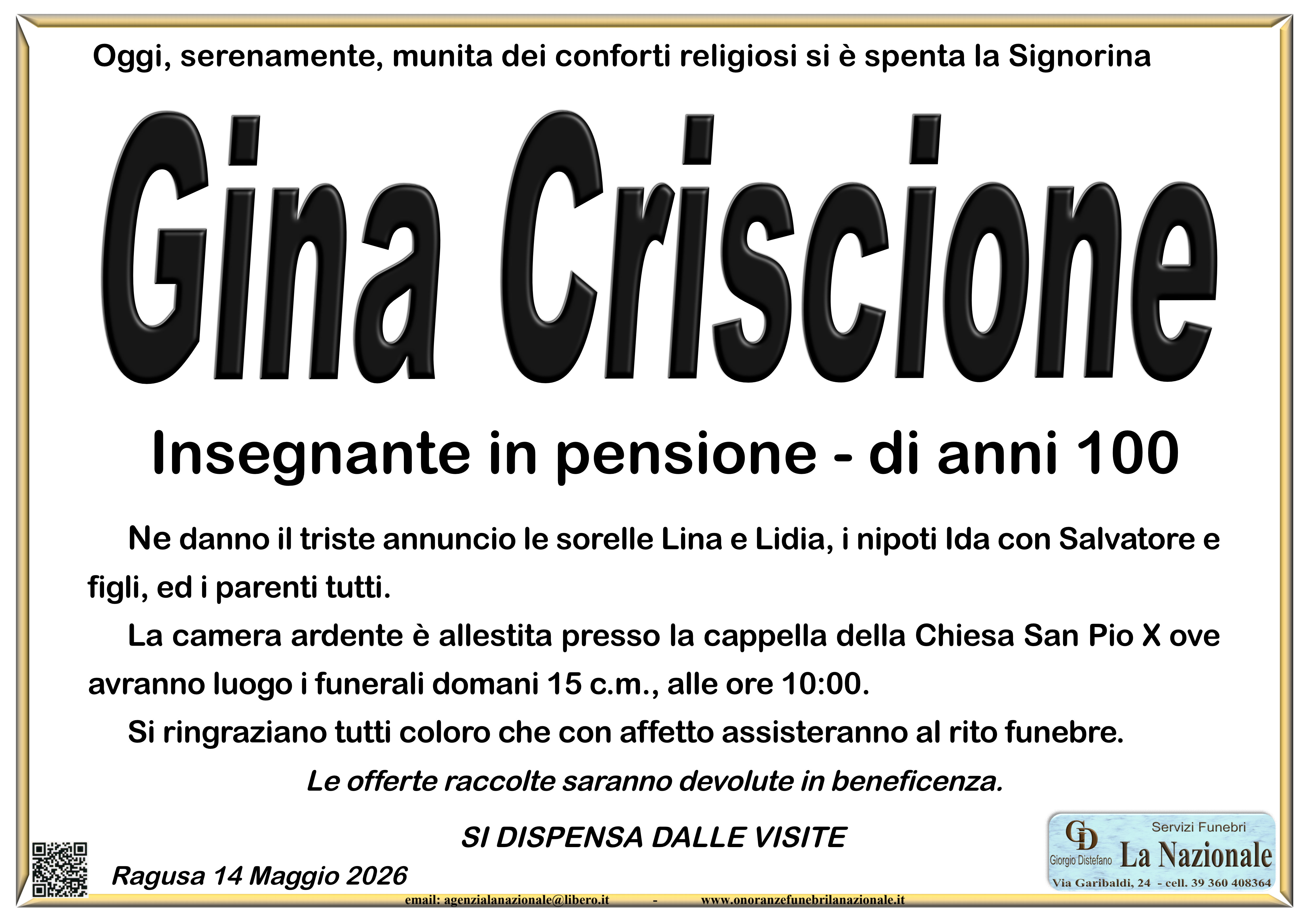 Necrologi: Gina Criscione