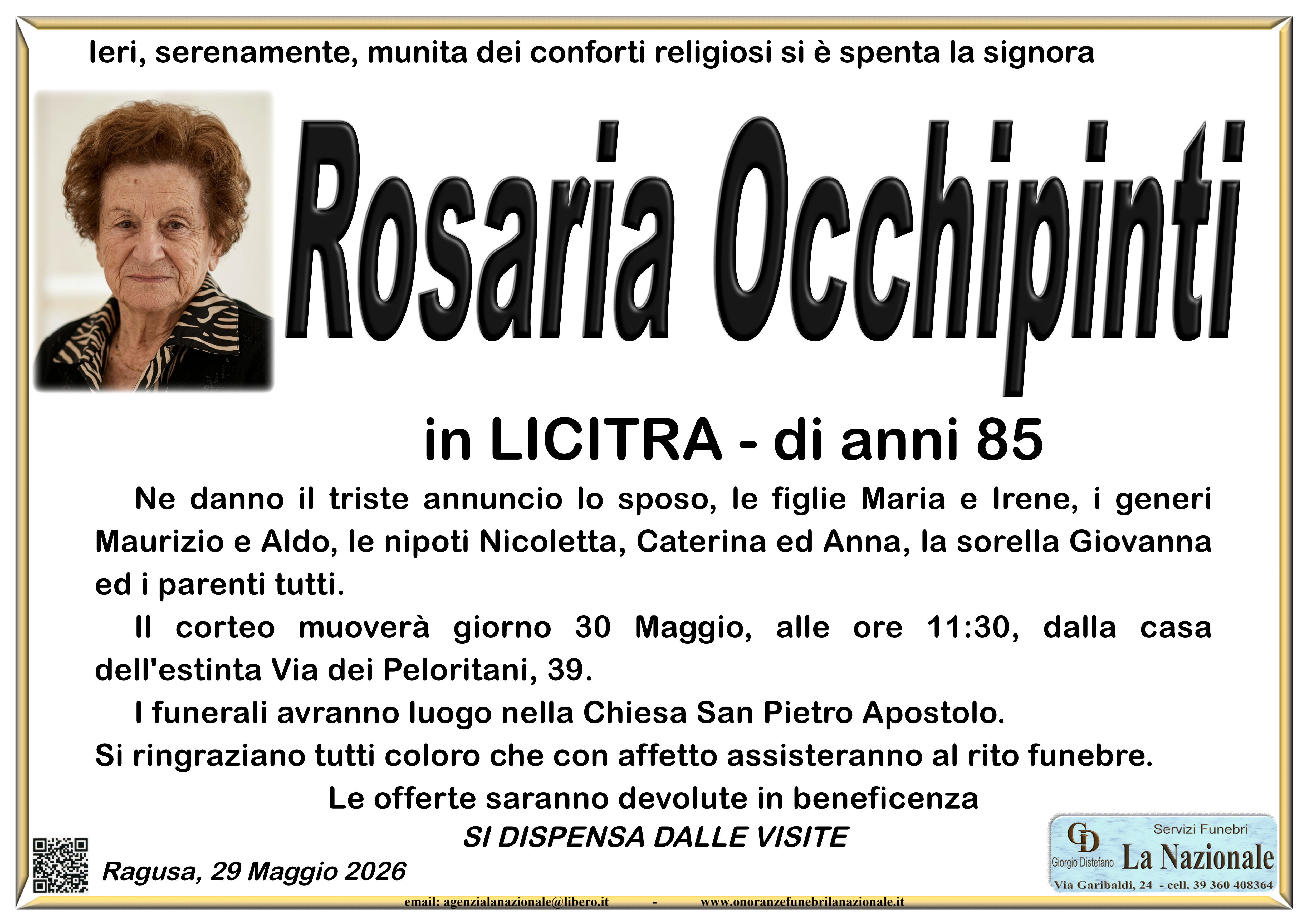 Necrologi: Rosaria Occhipinti