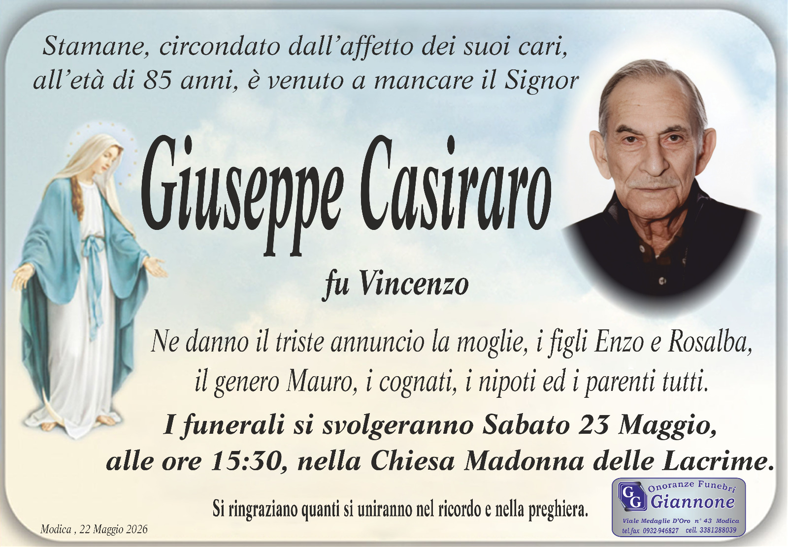 Necrologi: Giuseppe Casiraro