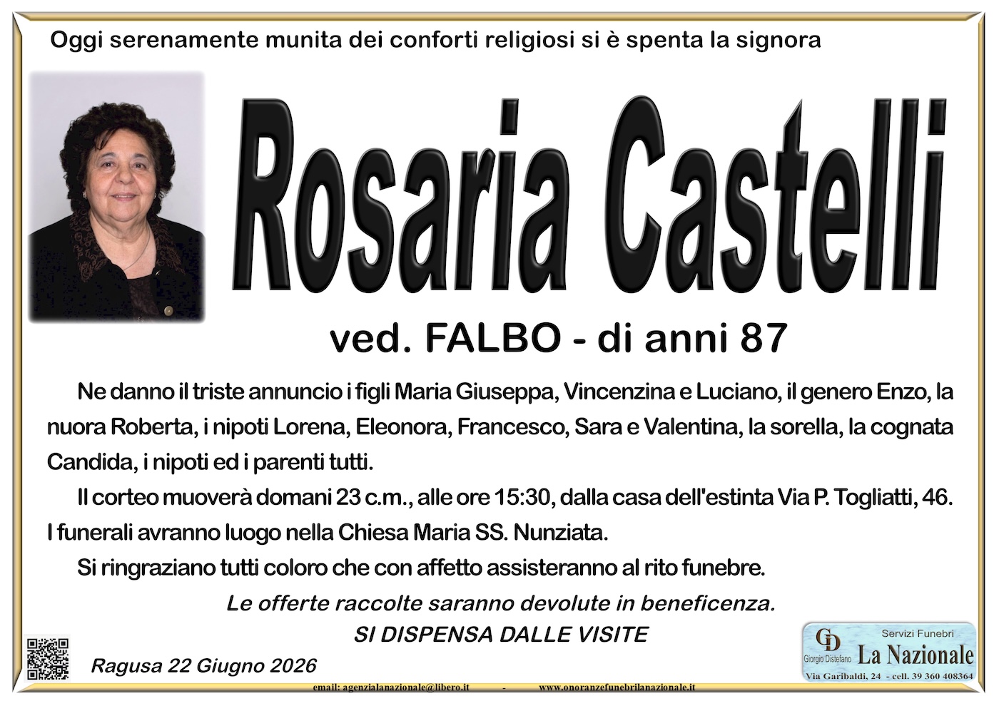 Necrologi: Rosalia Castelli