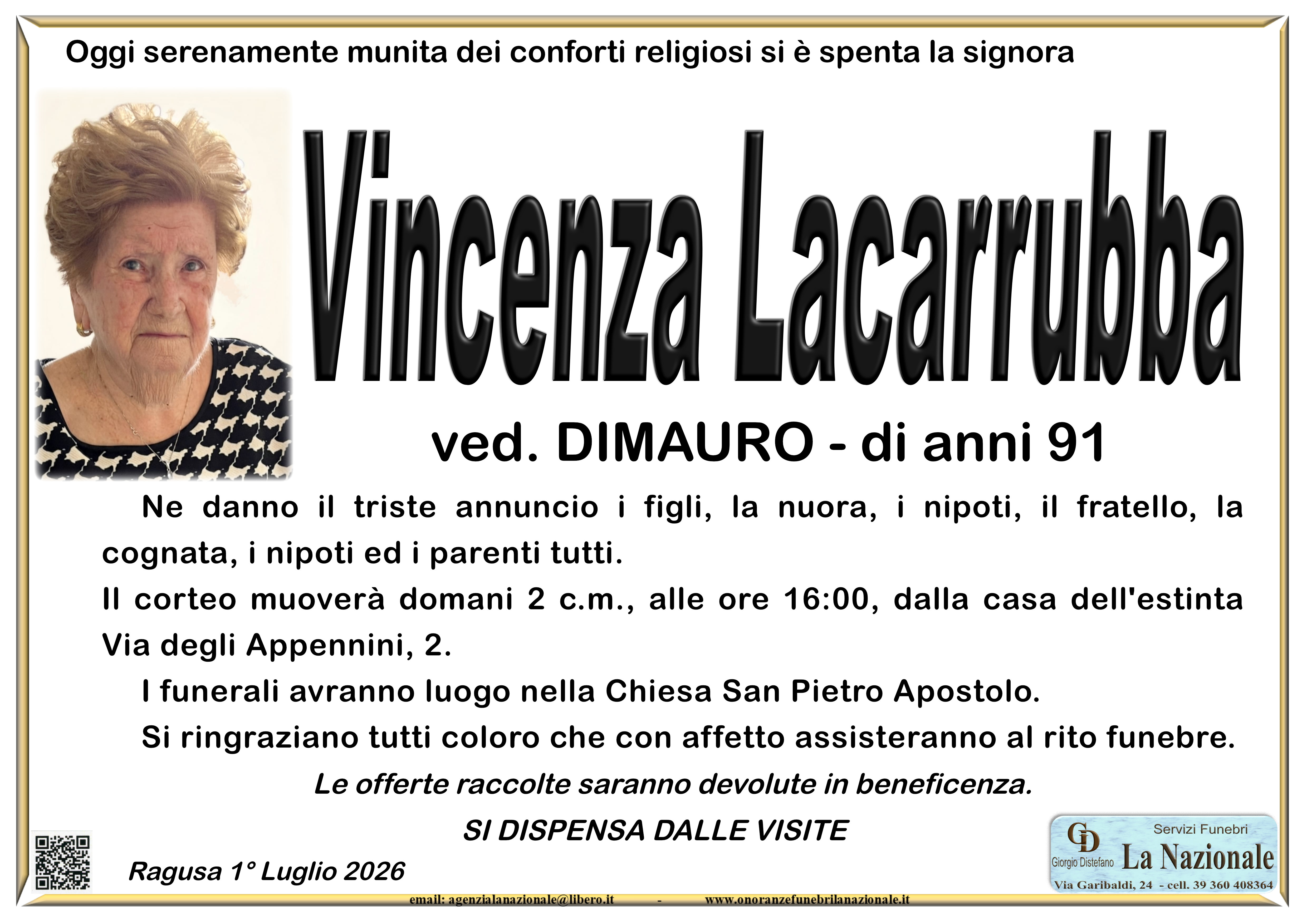 Necrologi: Vincenza Lacarrubba