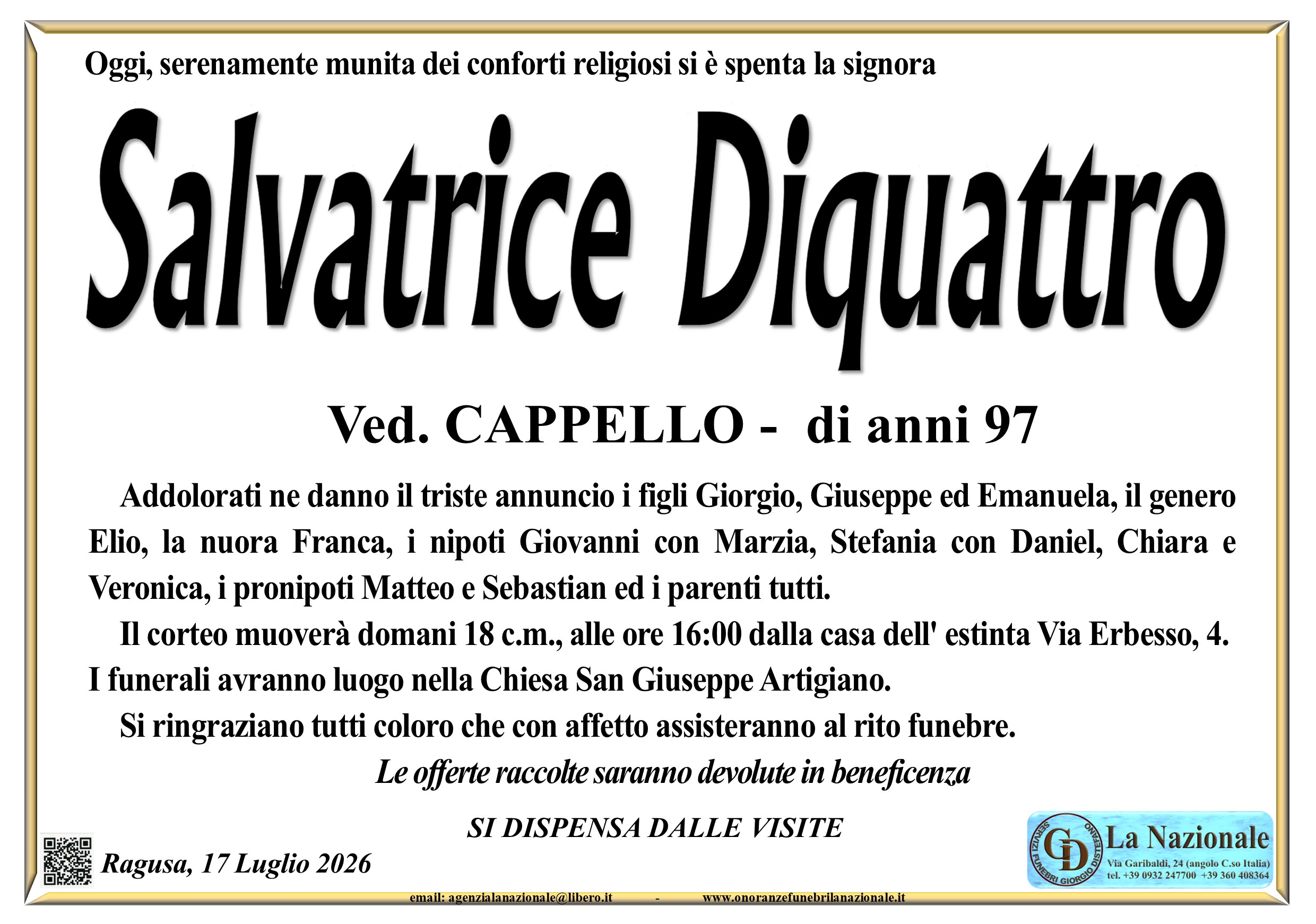Necrologi: Salvatrice Diquattro