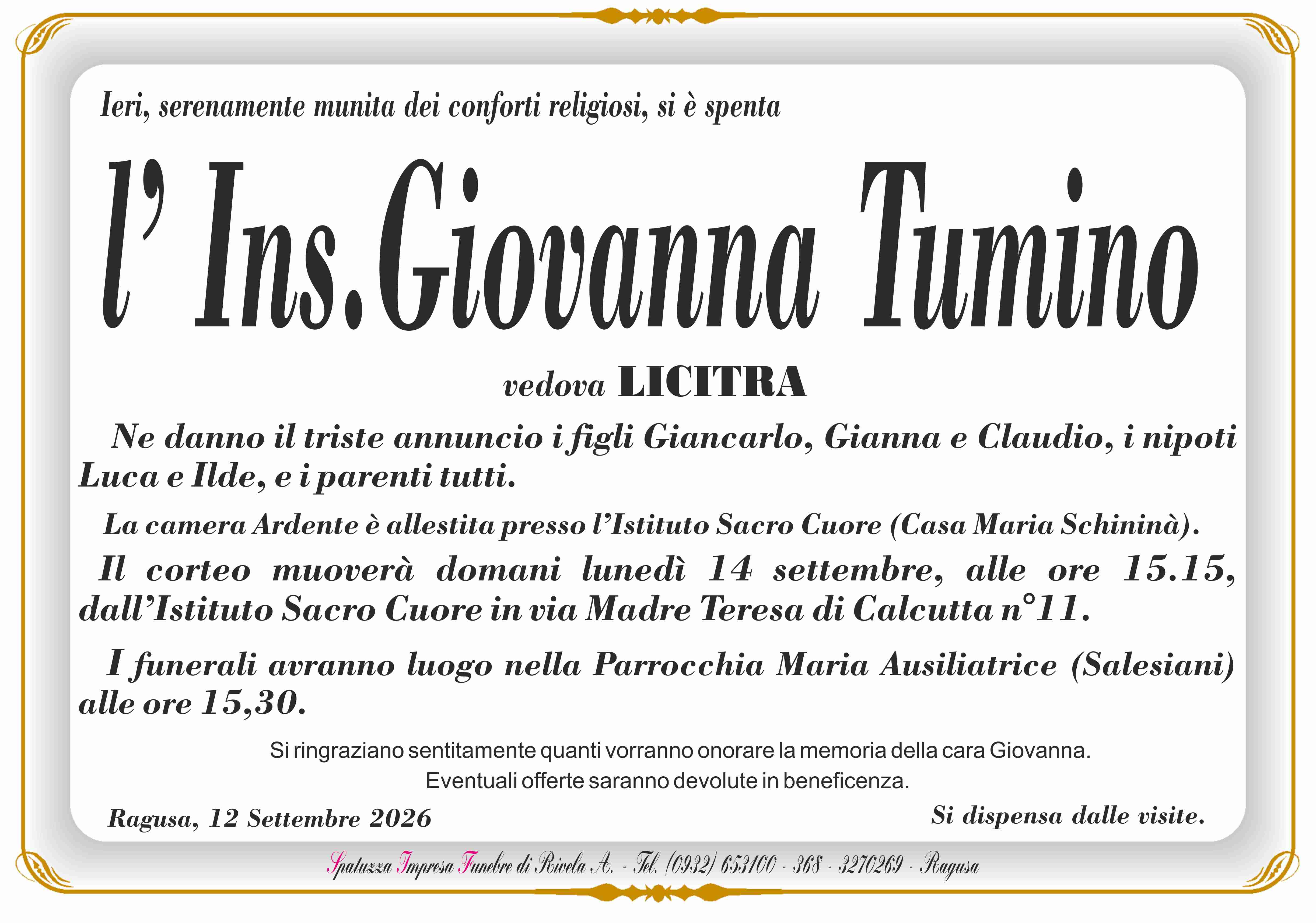 Necrologi: insegnante Giovanna Tumino