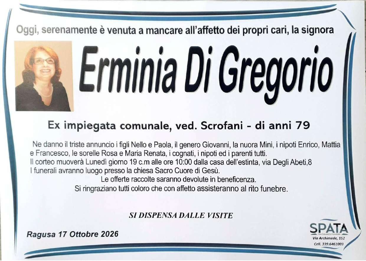 È venuta a mancare a Ragusa la signora Erminia Di Gregorio, ex impiegata comunale