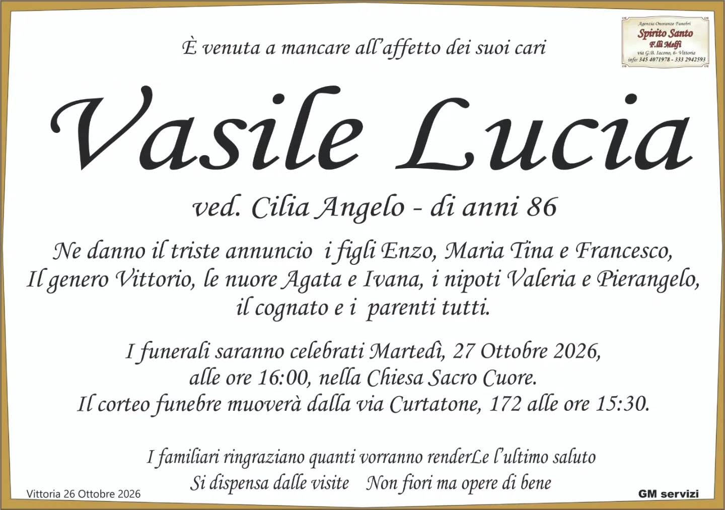 Vittoria, Necrologi: E’ morta la signora Lucia Vasile, mamma dell’ex Sindaco, Enzo Cilia