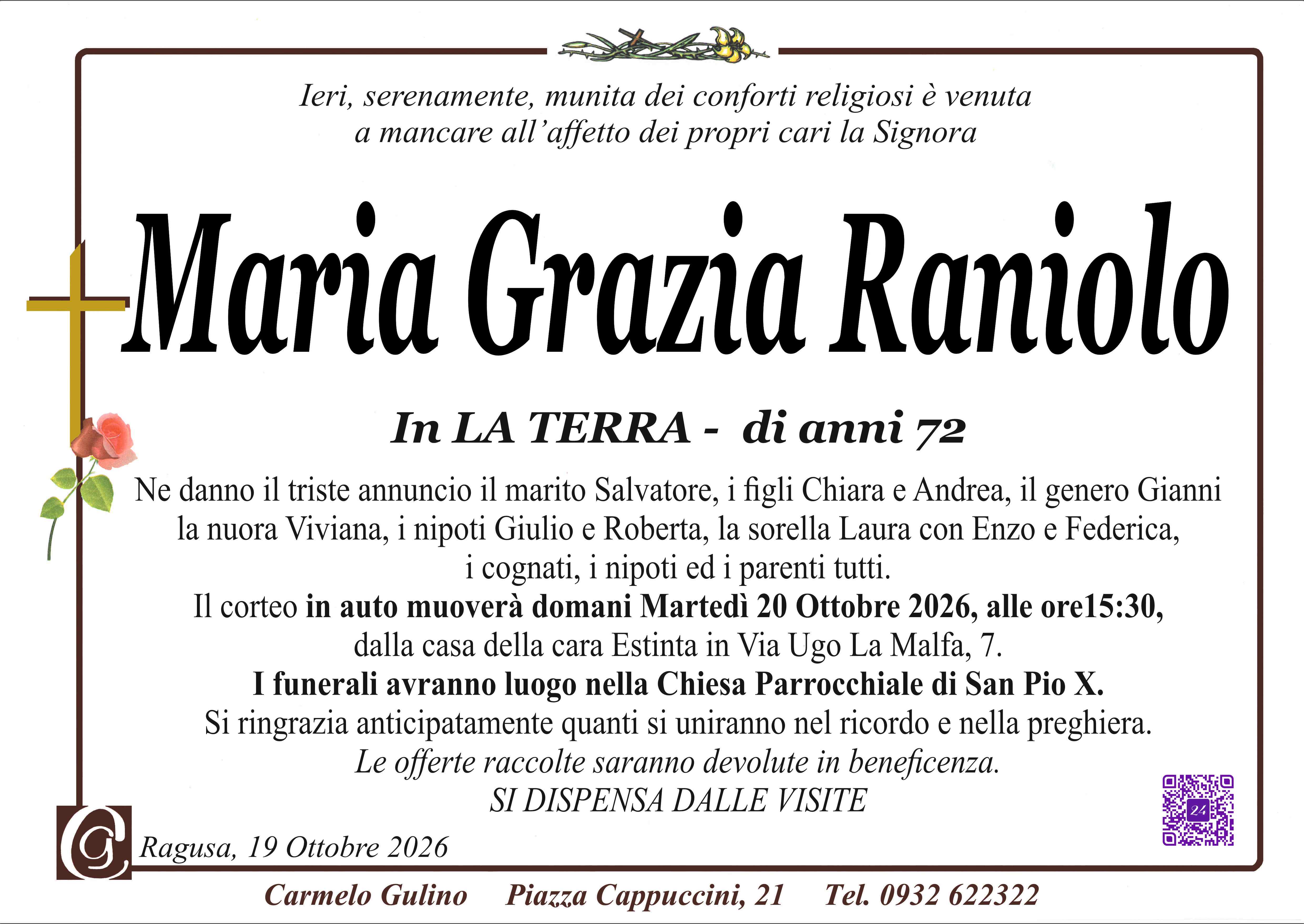 Necrologi: è venuta a mancare Maria Grazia Raniolo