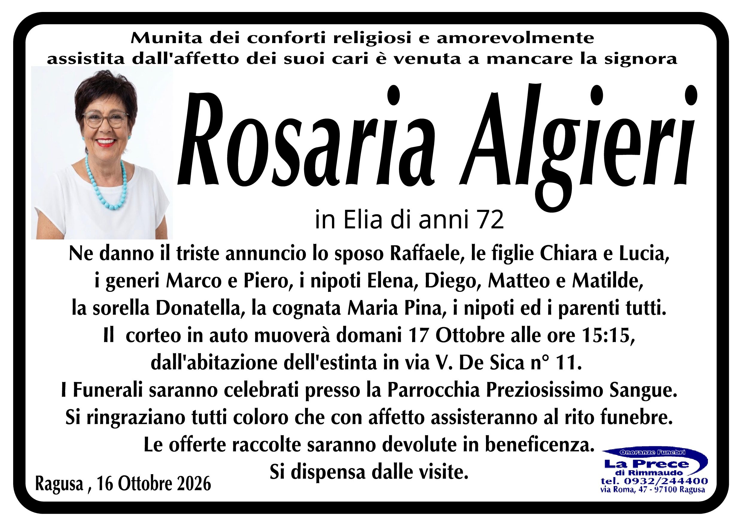 Necrologi: E’ venuta a mancare Rosaria Algieri