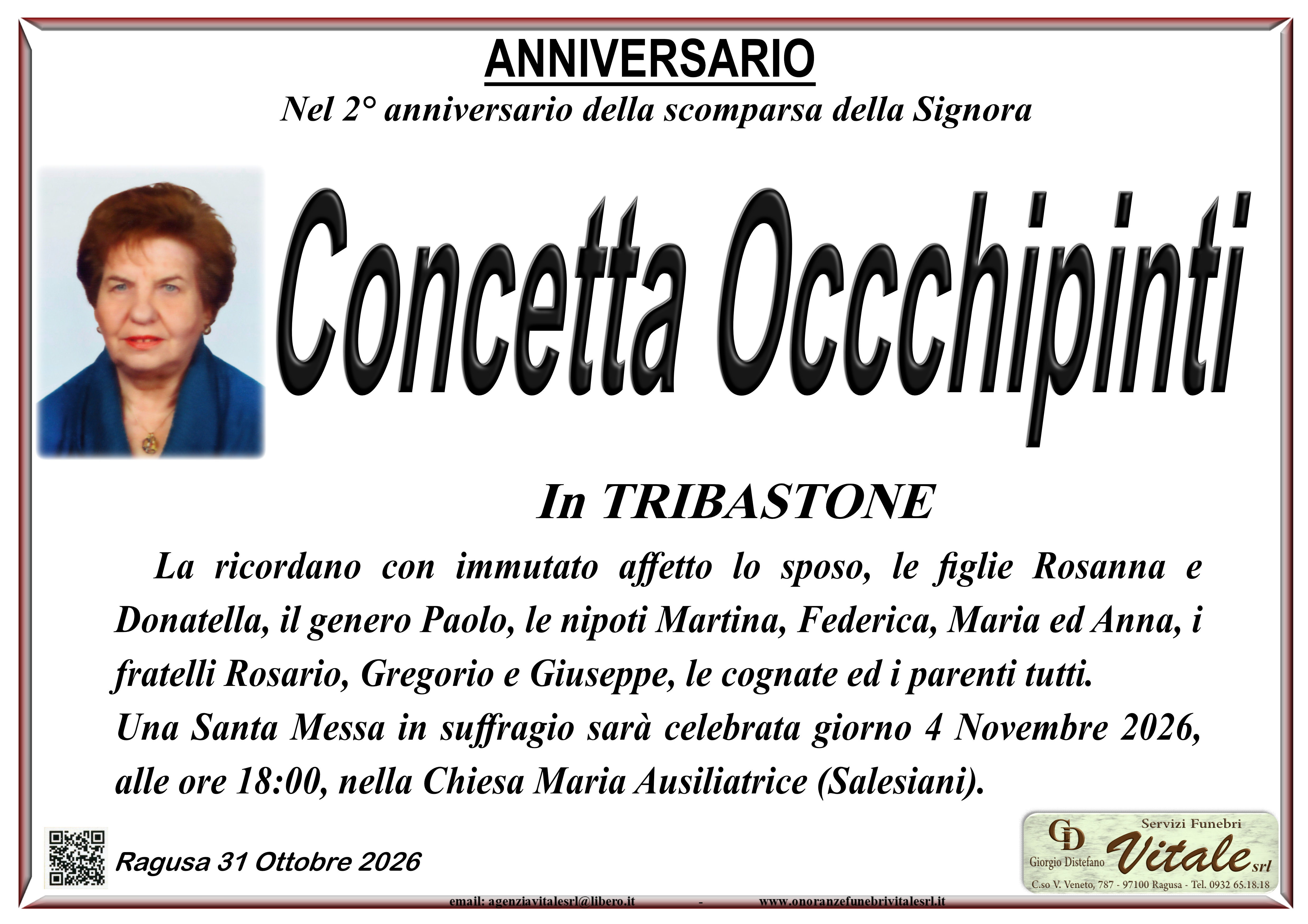 Anniversario: due anni fa la scomparsa di Concetta Occhipinti in Tribastone