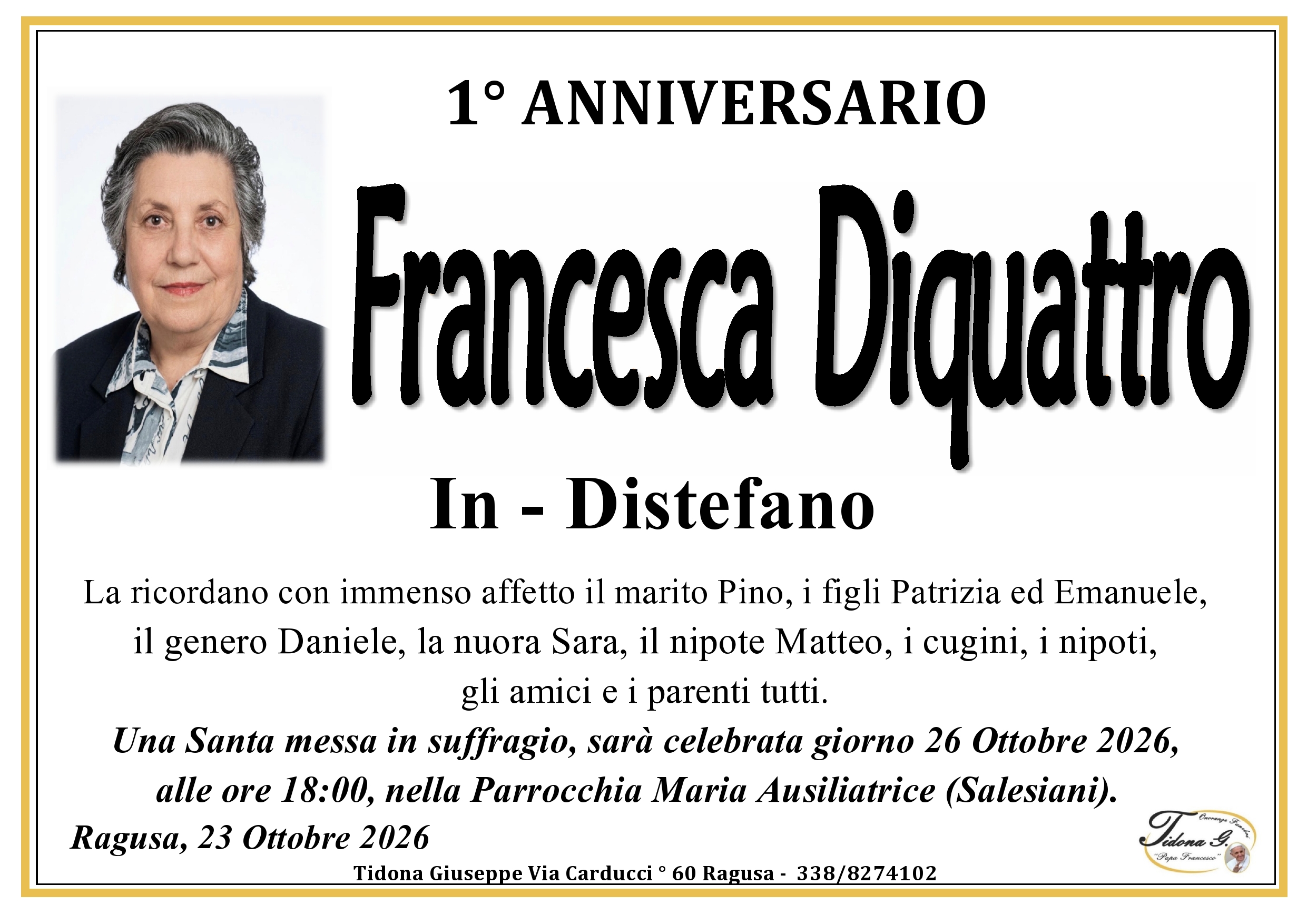 Necrologi: Primo anniversario della scomparsa di Francesca Diquattro