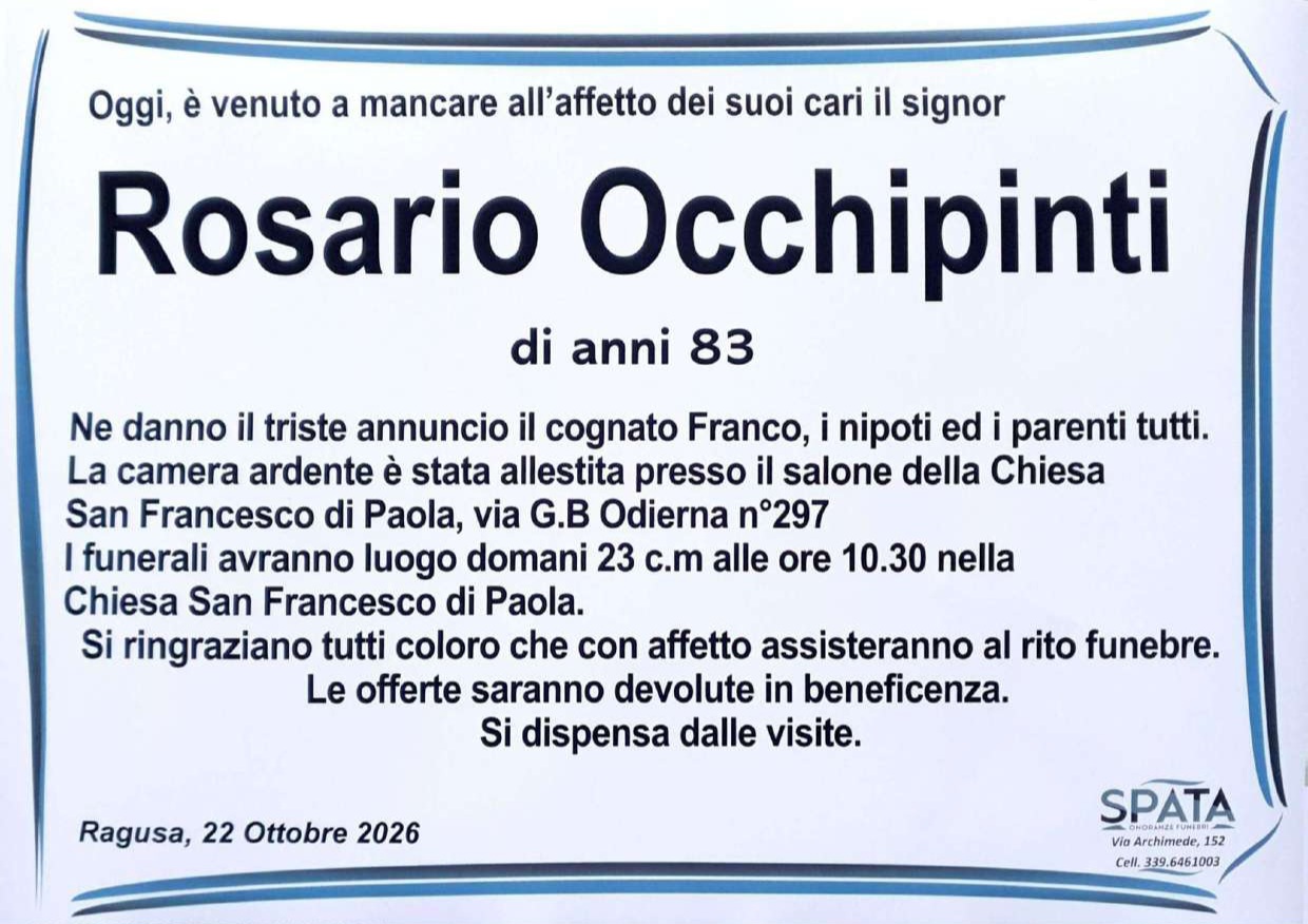 Necrologi: È scomparso Rosario Occhipinti