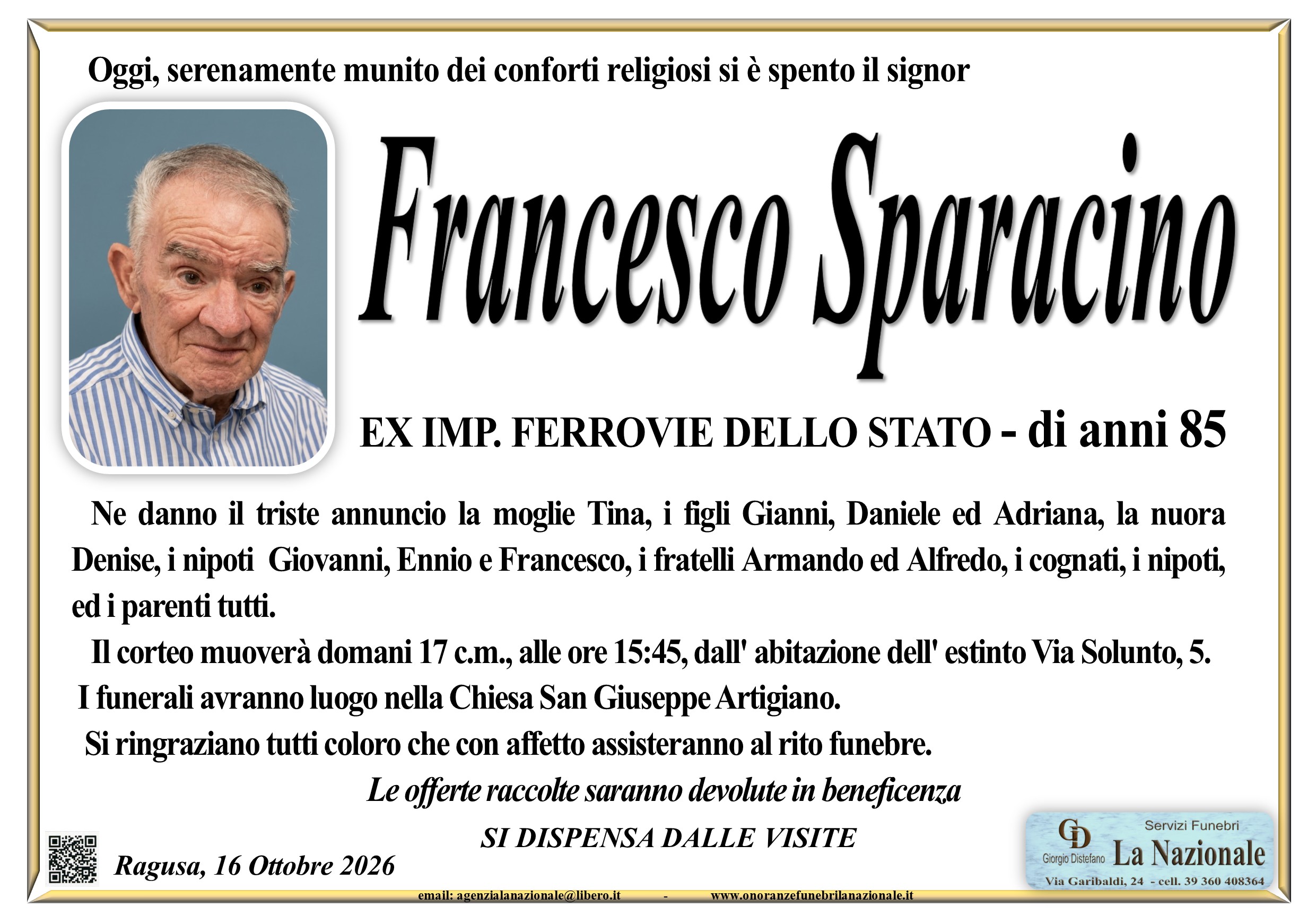 Necrologi: E’ deceduto Francesco Sparacino