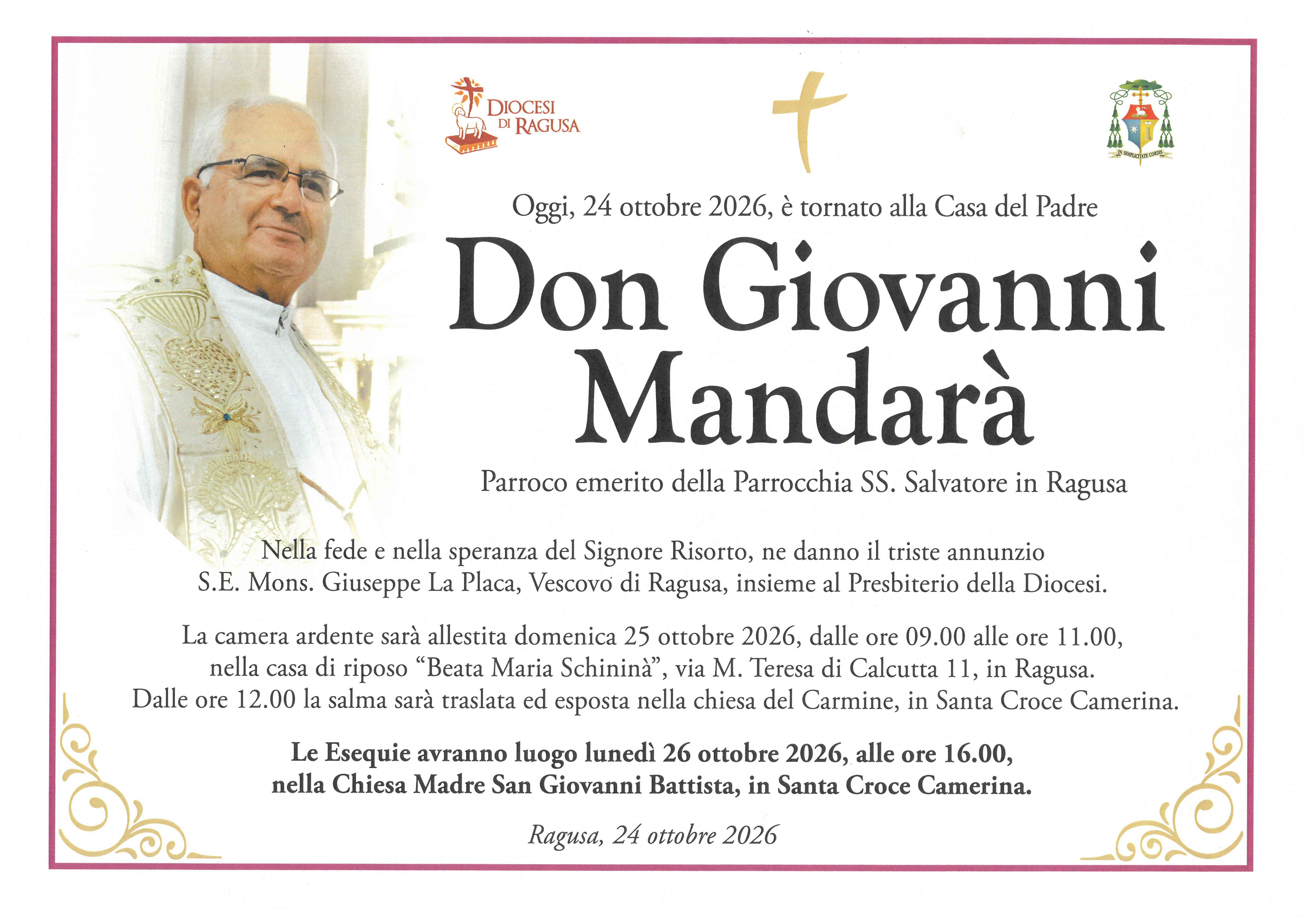 Necrologi: È scomparso don Giovanni Mandarà