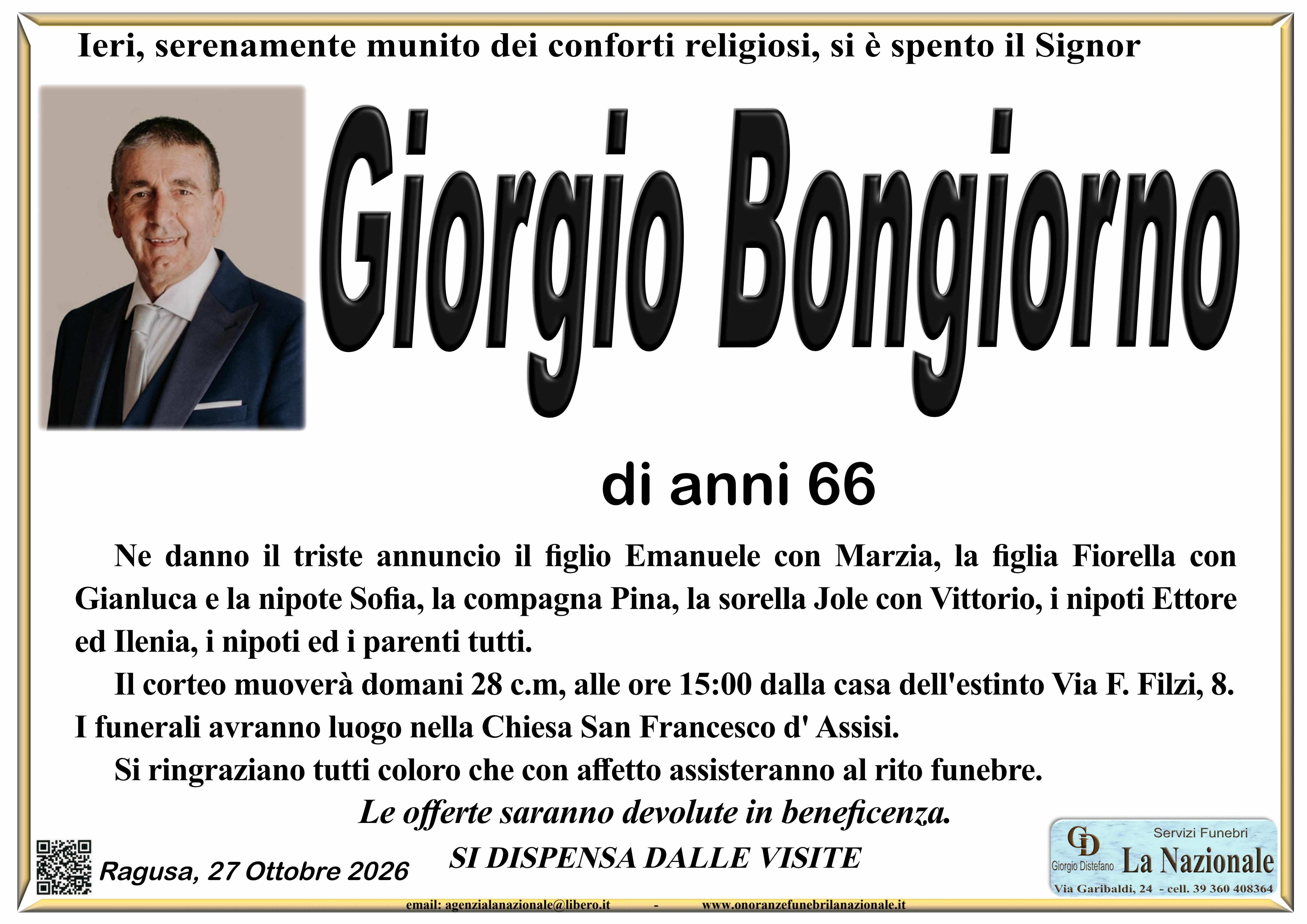 Necrologi: È scomparso Giorgio Bongiorno