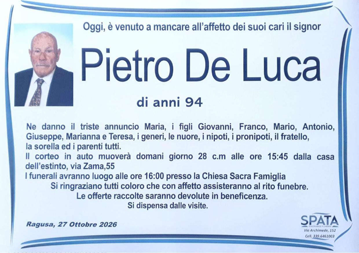 Necrologi: È scomparso Pietro De Luca
