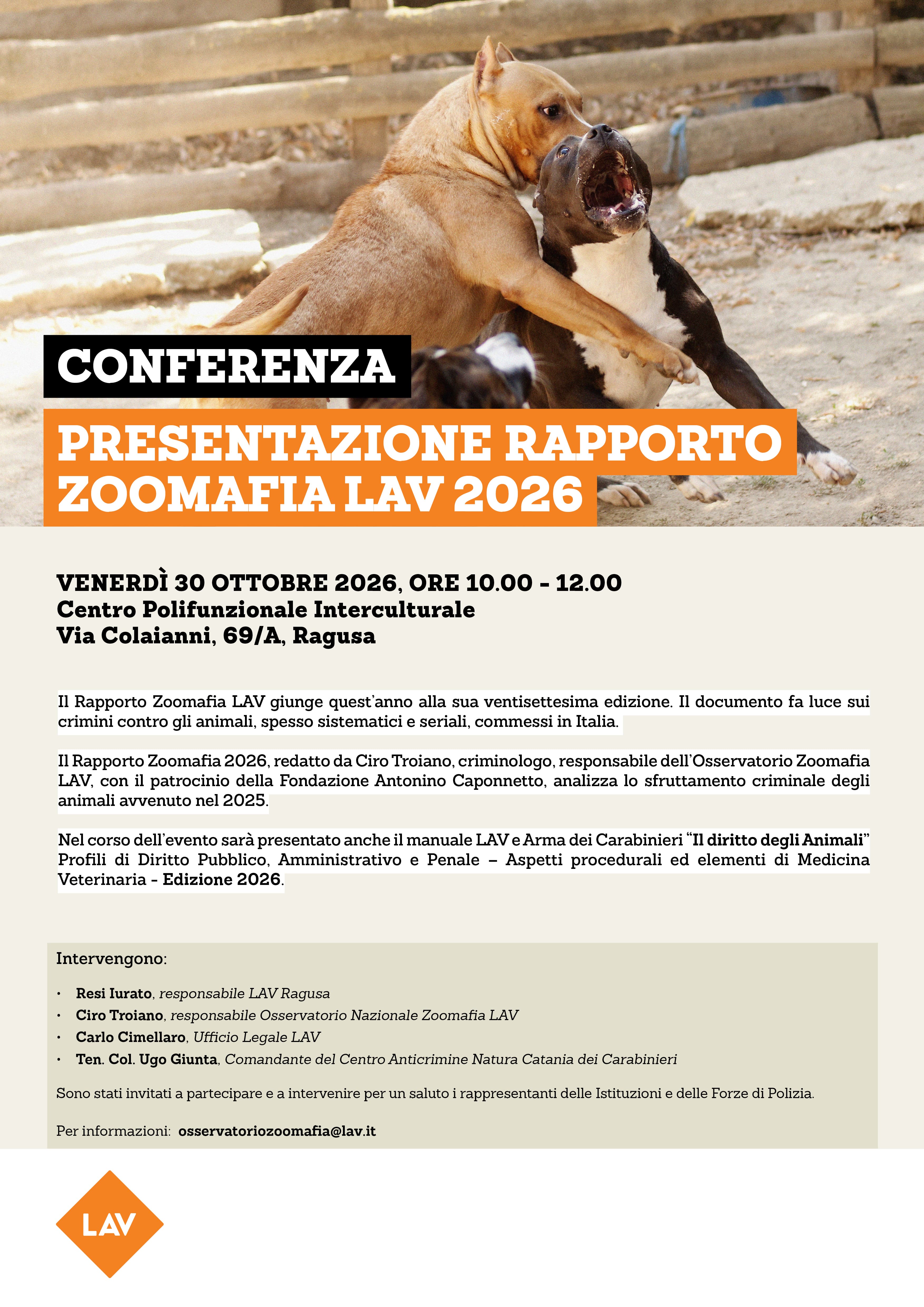 Crimini contro gli animali, il Rapporto Zoomafia LAV arriva a Ragusa venerdì 30