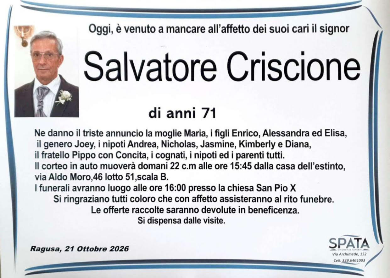 Necrologi: È scomparso Salvatore Criscione
